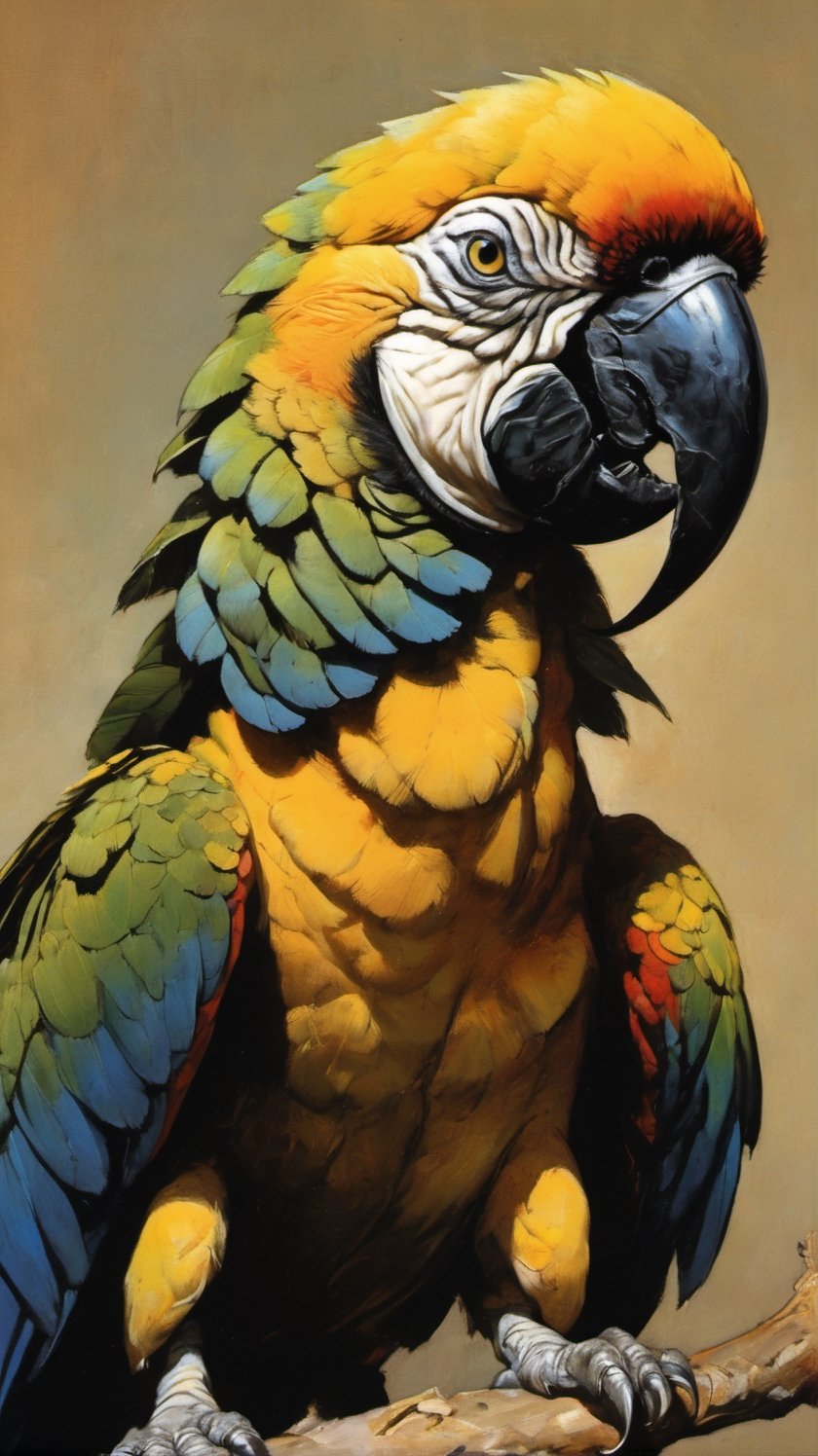 a large black and yellow tipped macaw, a up close portrait shot, art by sargent, art by frazetta, fr4z3tt4 ,more detail XL,artint,Leonardo Style
