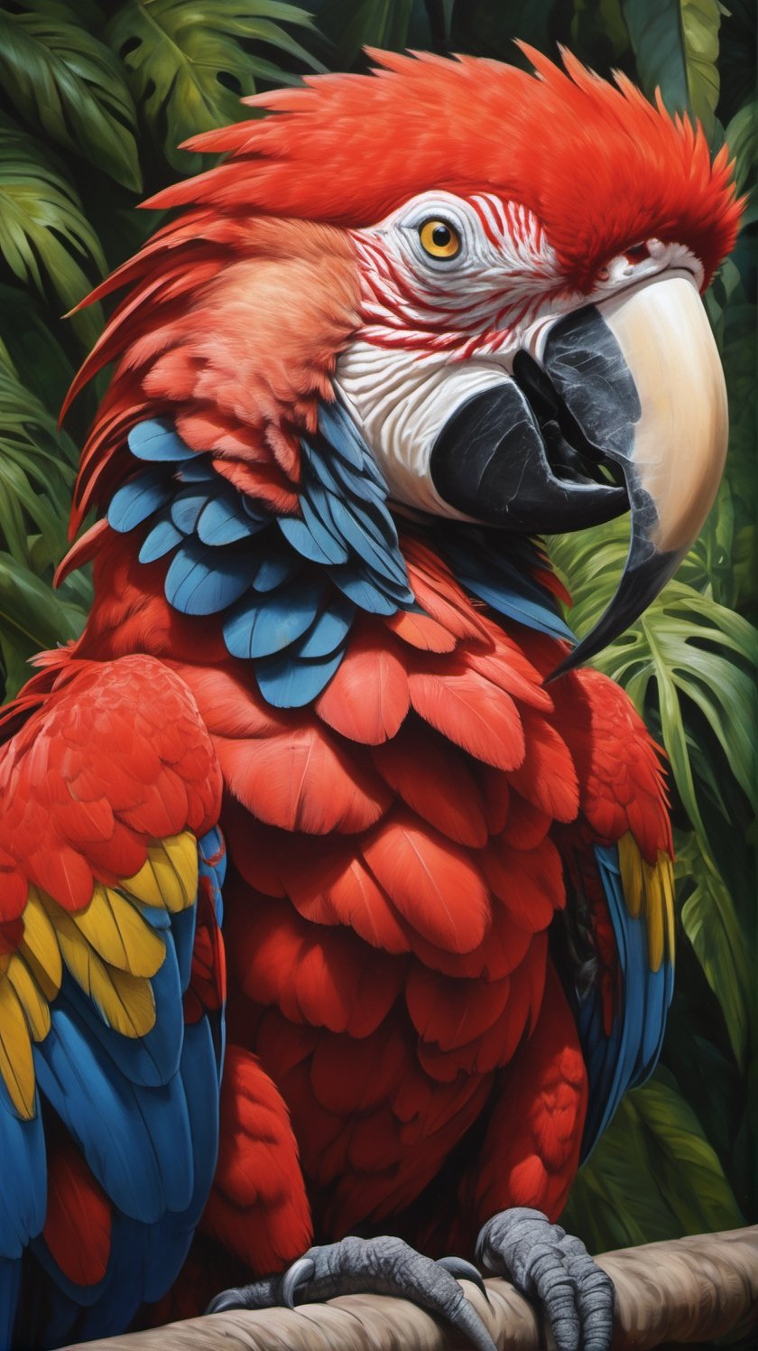 a large red macaw, an up close portrait shot, art by raymond ching ,more detail XL,artint,Leonardo Style