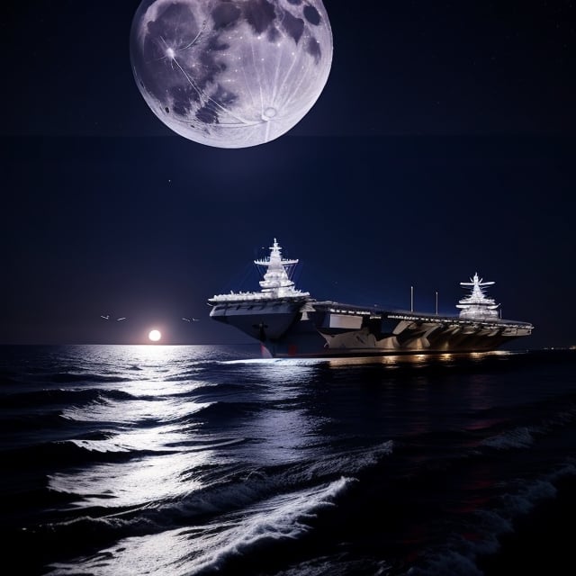 at night, navy fighter aircraft carrier at sea, two planes taking off on the ship's runway, illuminated by the moon, realistic photography, masterpiece, high quality UHD 8K, side_view