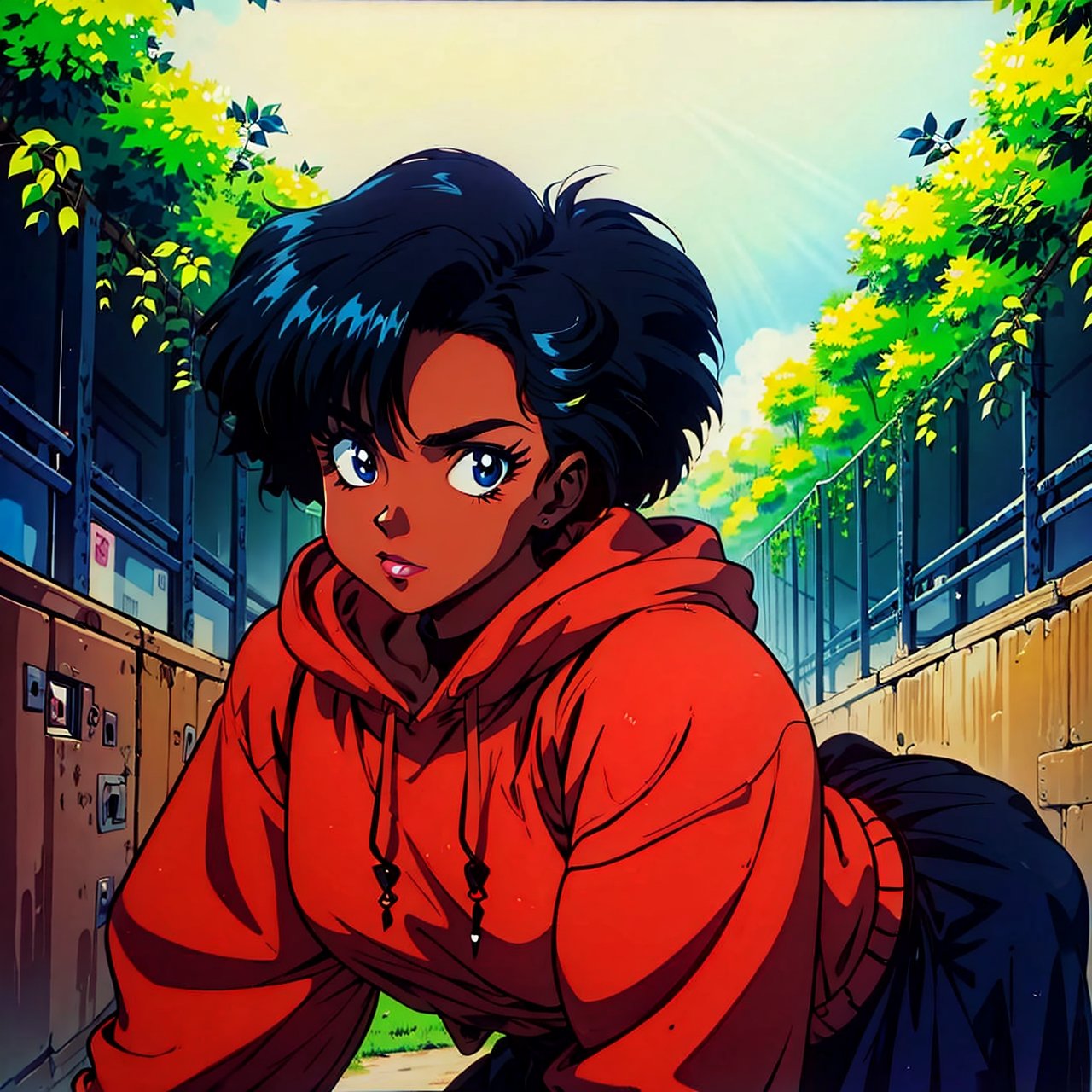 (masterpiece), best quality, beautiful, plump woman, mature, ((dark skin, colored skin)), full lips, expressive eyes, perfect face, goth, curvy figure, (undercut hair), (((undercut hairstyle))), 

wearing black hoodie and pleated plants, intricately detailed, gothic outfit, vibrant colors, 80s and 90s anime style, 1980s retro anime, retro fashion, revealing outfit, ,mature