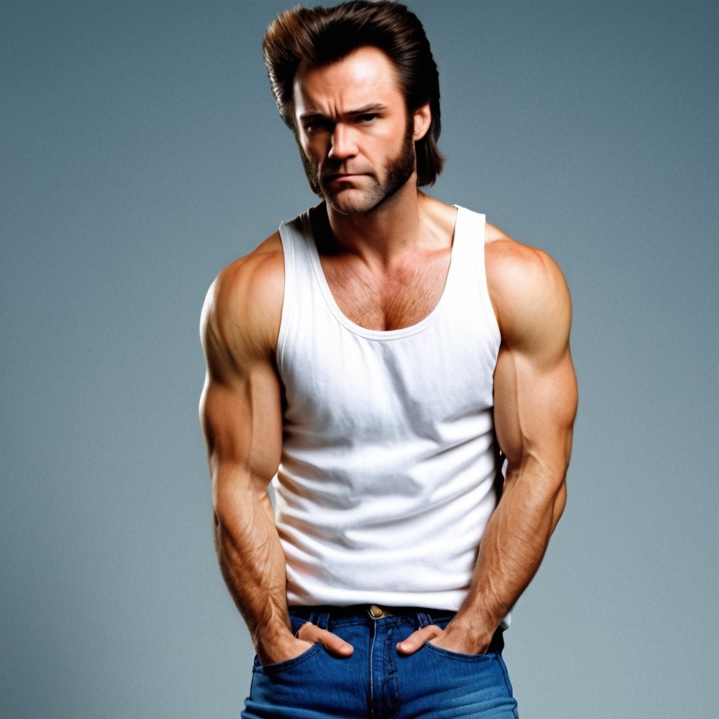 Wolverine, LoganHowlett, W0lverine, sideburns, body hair, pointed hair, White tanktop, Jeans,