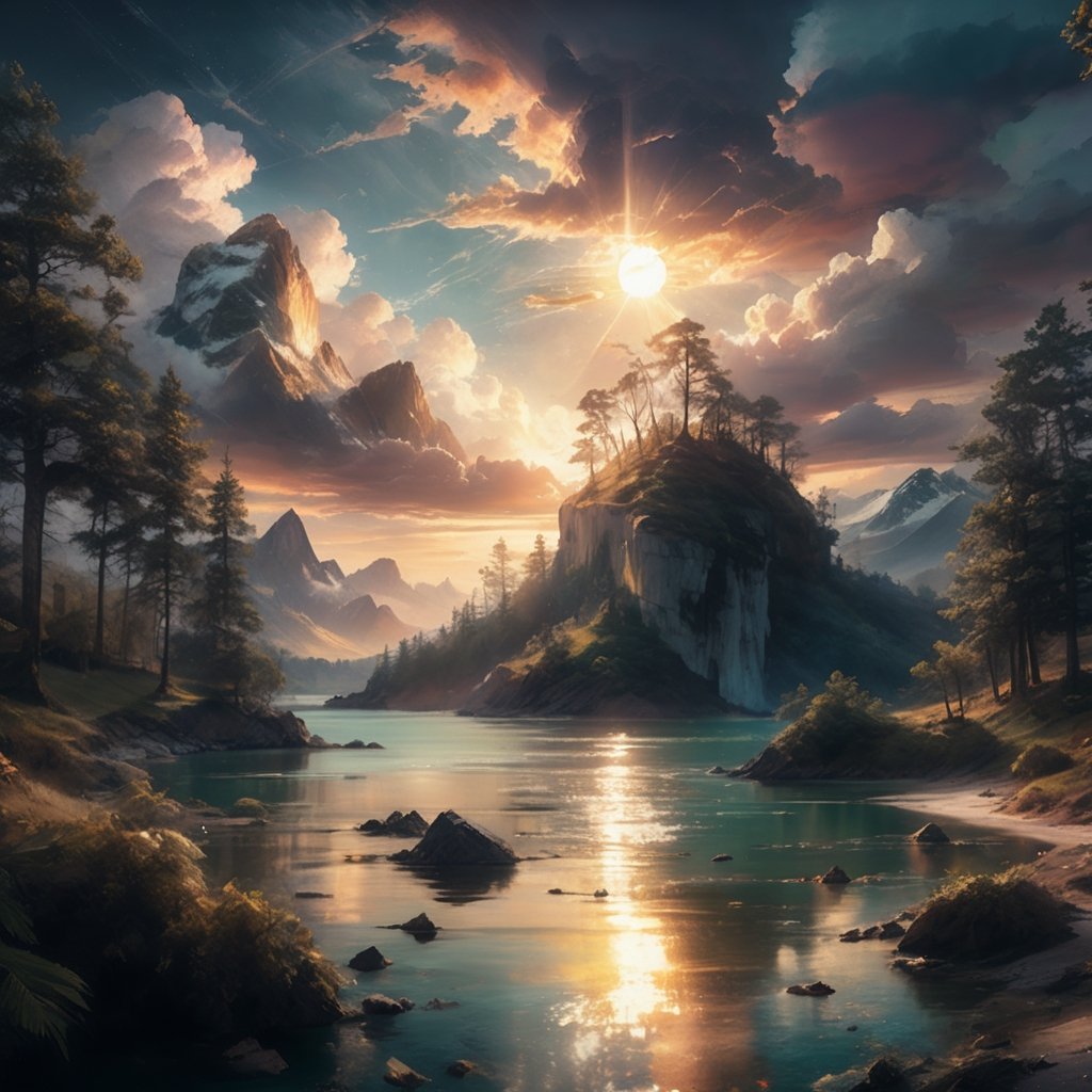 Realistic, Scenery, aesthetic, an image of a beautiful landscape with clouds and a sun setting over the water and, by jessica rossier, realistic art, ross tran. scenic background, realistic scenery art, beautiful epic vista, anato finnstark and alena aenami, scenery art detailed, realistic landscape