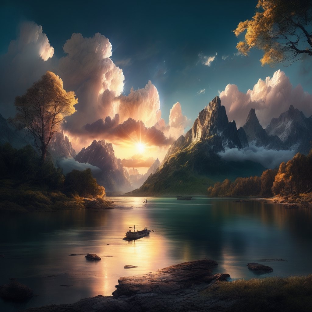 Realistic, Scenery, aesthetic, an image of a beautiful landscape with clouds and a sun setting over the water and, by jessica rossier, realistic art, ross tran. scenic background, realistic scenery art, beautiful epic vista, anato finnstark and alena aenami, scenery art detailed, realistic landscape