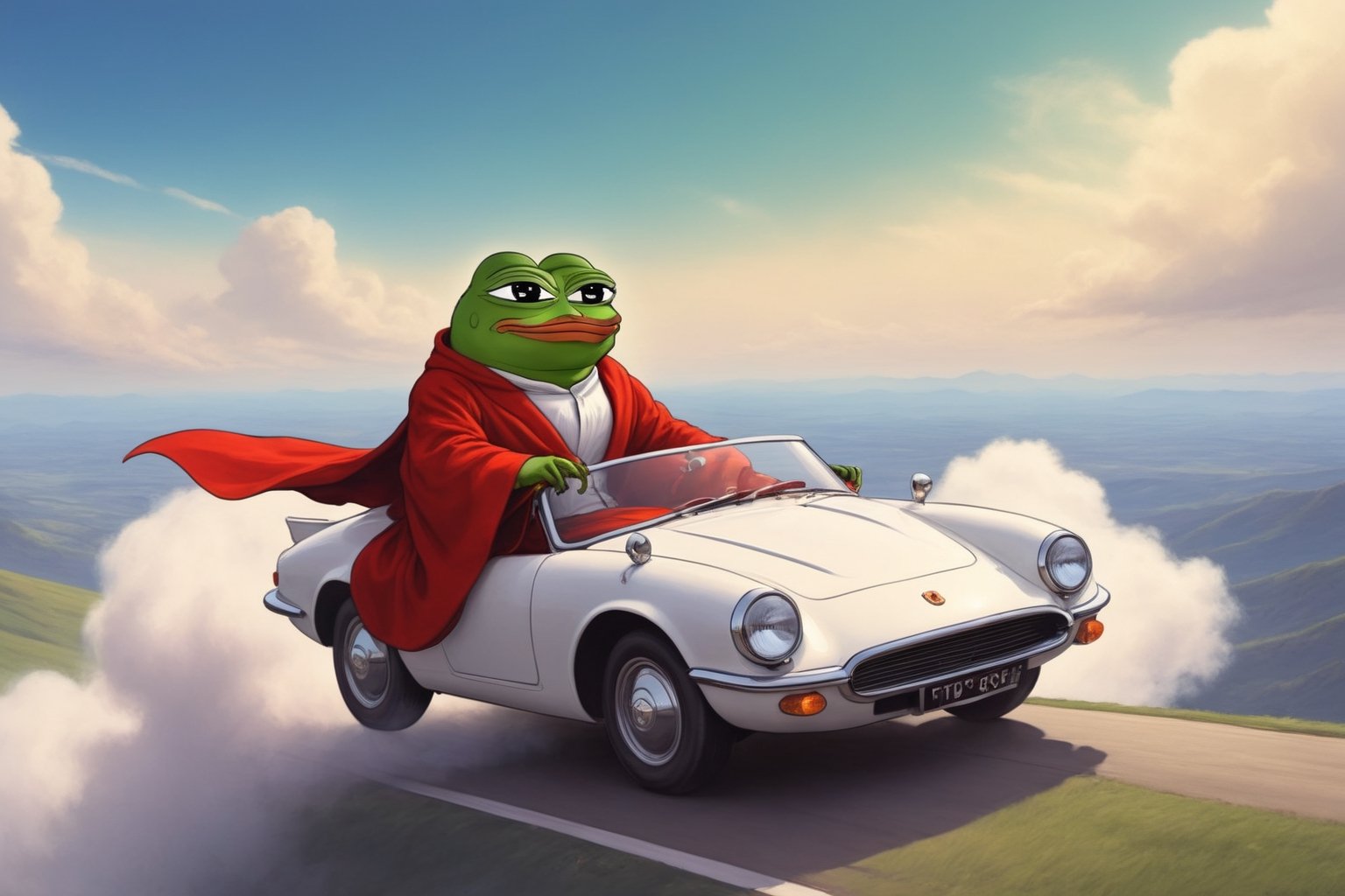 Pepe(frog, old, wearing wizard robe, long white beard, wizard, smug), riding a  magical classic car that is flying in the sky, background(sky, day),(masterpiece, highres, high quality:1.2), ambient occlusion, low saturation, High detailed, Detailedface, (shot from distance),Wojak, 2d