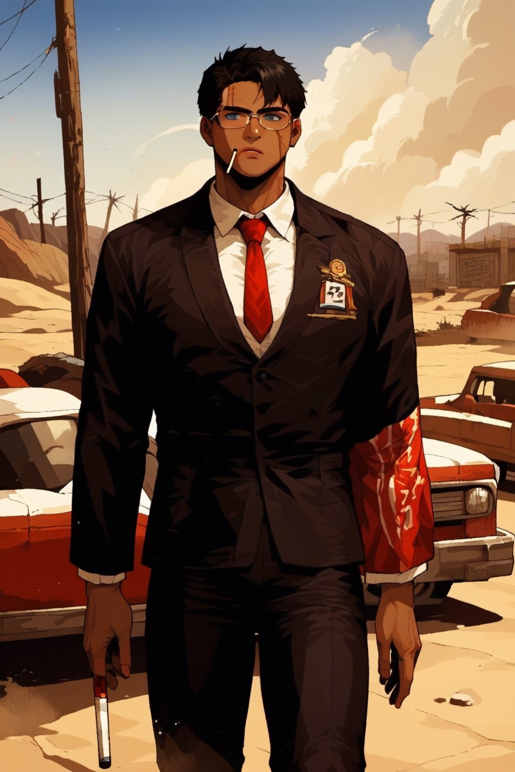 score_9, score_8, score_7, score_8_up, 1man(young, 20 year old, handsome, masculine, wearing black business suit with red tie and cowbow hat, glasses, pip-boy on his left arm, tanned skin, scars, short black hair, tall, muscles, strong jaw, sharp cheekbones, thin lips, blue eyes, bored expression), smoking a cigarette, behind his classic car, night, outdoor, mojave desert, retro futurism, score_7_up,fallout,