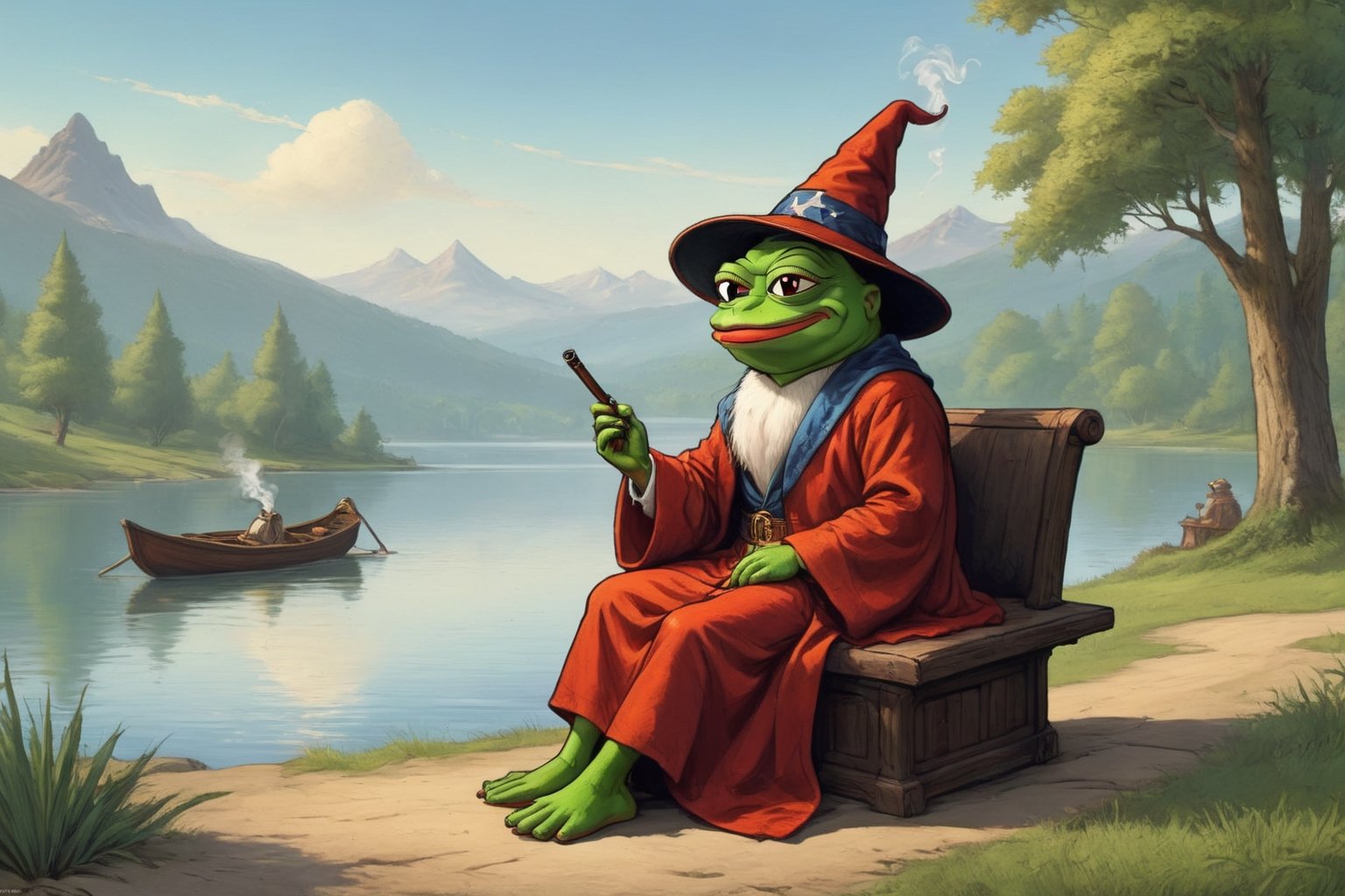 Pepe(frog, old, wearing wizard robe, long beard, white beard, wizard hat, smoking pipe), sitting and resting on lakeside, background(outdoor, day, classic car),(masterpiece, highres, high quality:1.2), ambient occlusion, low saturation, High detailed, Detailedface, (shot from distance),Retro art