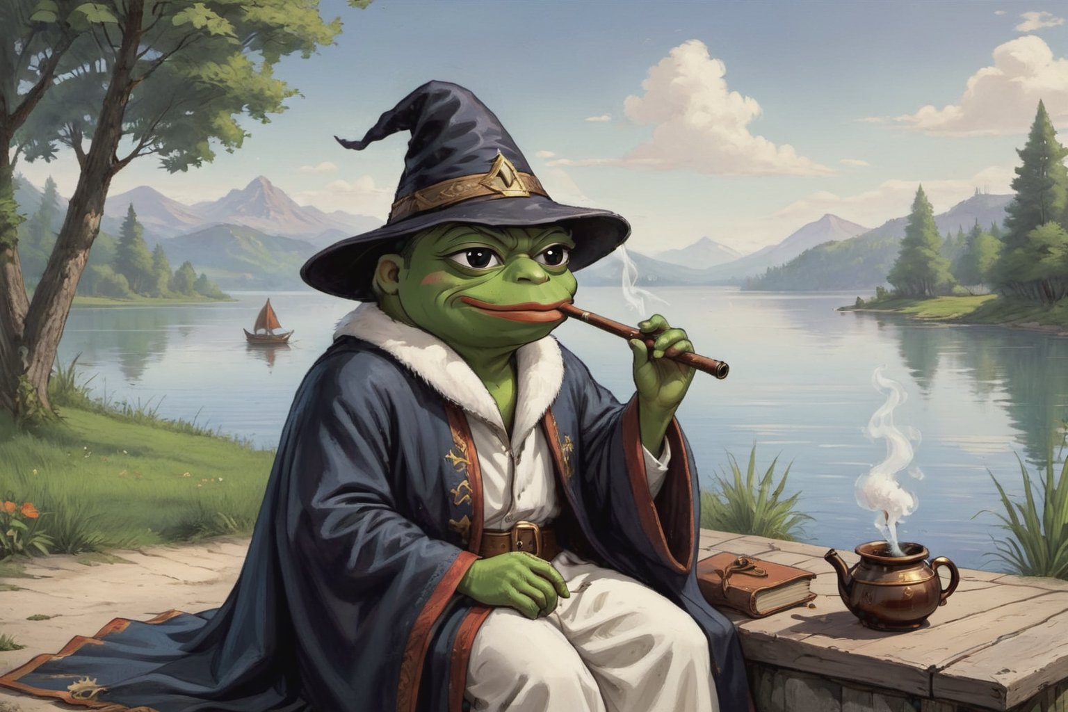 Pepe(frog, old, wearing wizard robe, long beard, white beard, wizard hat, smoking pipe), sitting and resting on lakeside, background(outdoor, day, classic car),(masterpiece, highres, high quality:1.2), ambient occlusion, low saturation, High detailed, Detailedface, (shot from distance), oil paint