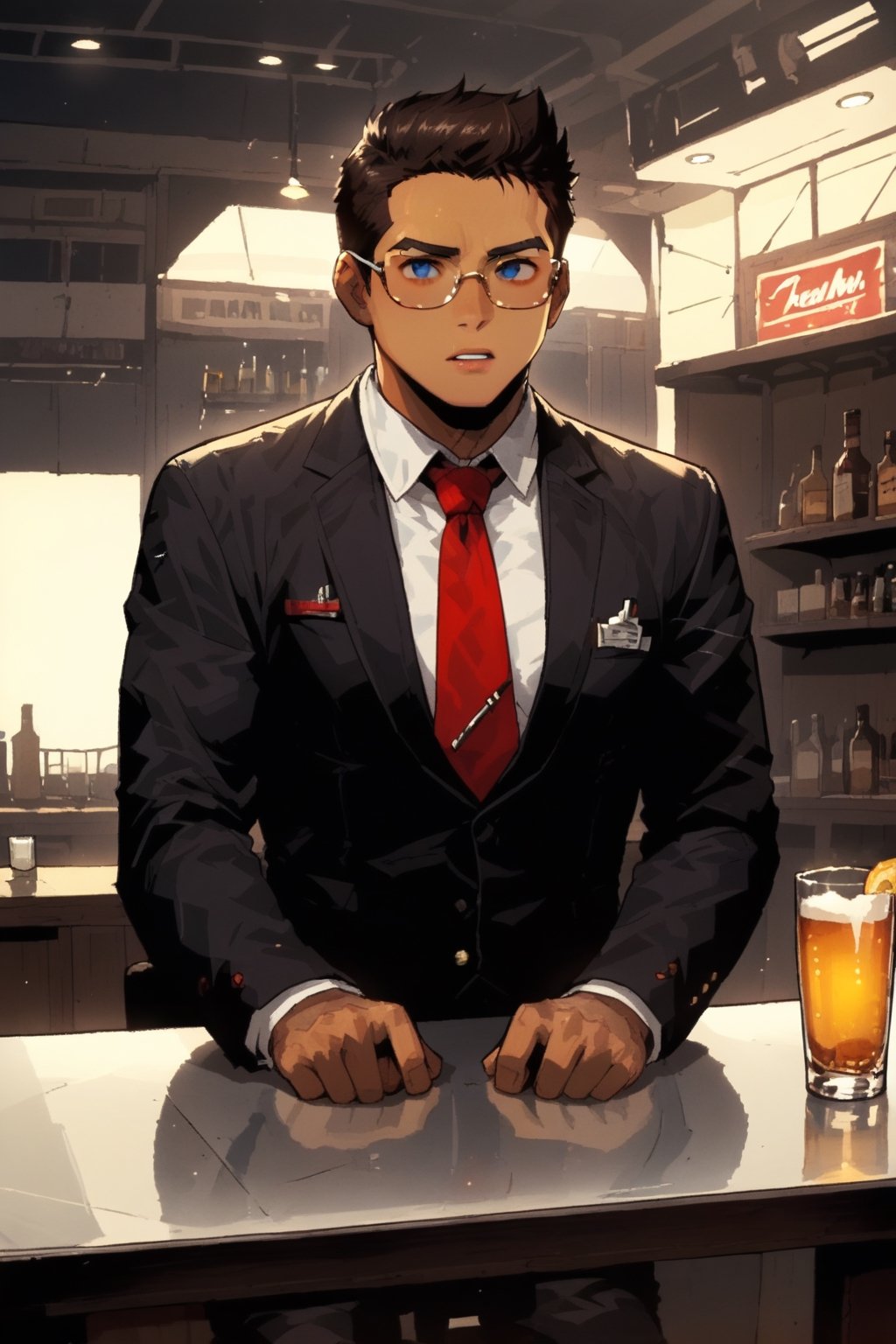 score_9, score_8, score_7, 1man(young, handsome, wearing black business suit with red tie, cowbow hat, glasses, glowing pip-boy on his left arm, tan skin, middle eastern, tall, muscles, strong jaw, sharp cheekbones, thin lips, blue eyes), sitting, glass of wishkey and bottle on the table, inside a Western saloon bar, indoor,falloutcinematic, retro futurism