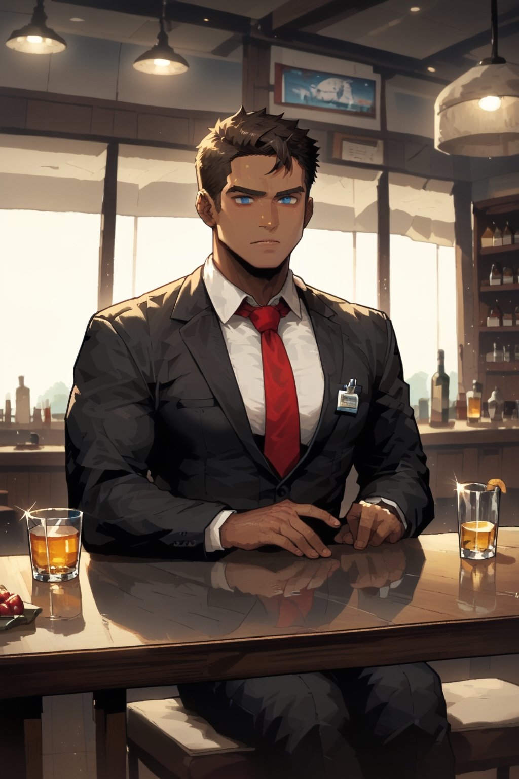 score_9, score_8, score_7,1man(young, handsome, wearing black business suit with red tie, cowbow hat, dark skin, middle eastern, tall, muscles, strong jaw, sharp cheekbones, thin lips, blue eyes), sitting, glass of vodka on the table, inside a bar, indoor,falloutcinematic