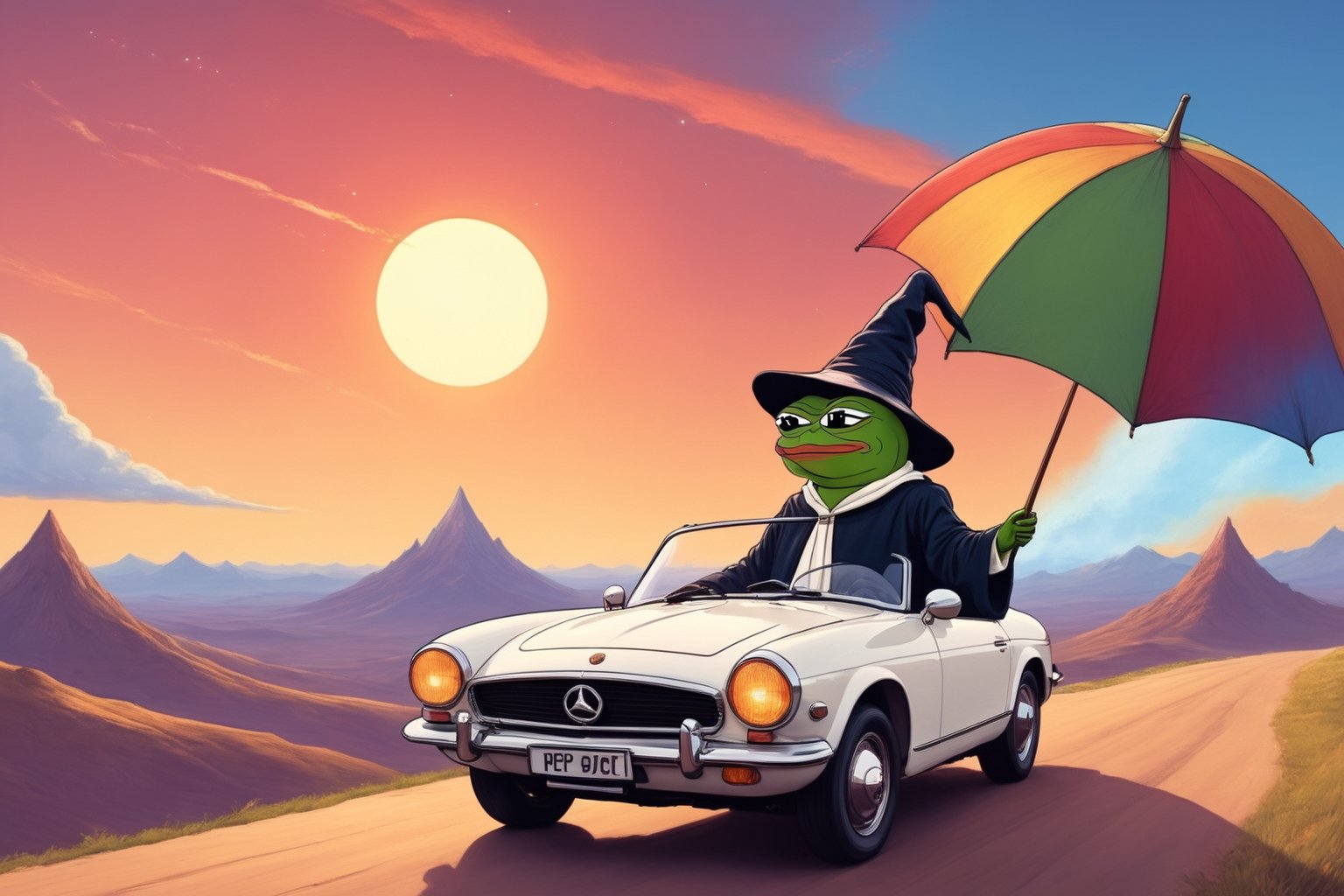 Pepe(frog, old, wearing wizard robe, long white beard, wizard hat, smug), riding a  magical classic car that is flying in the sky, background(sky, day),(masterpiece, highres, high quality:1.2), ambient occlusion, low saturation, High detailed, Detailedface, (shot from distance),Wojak, 2d