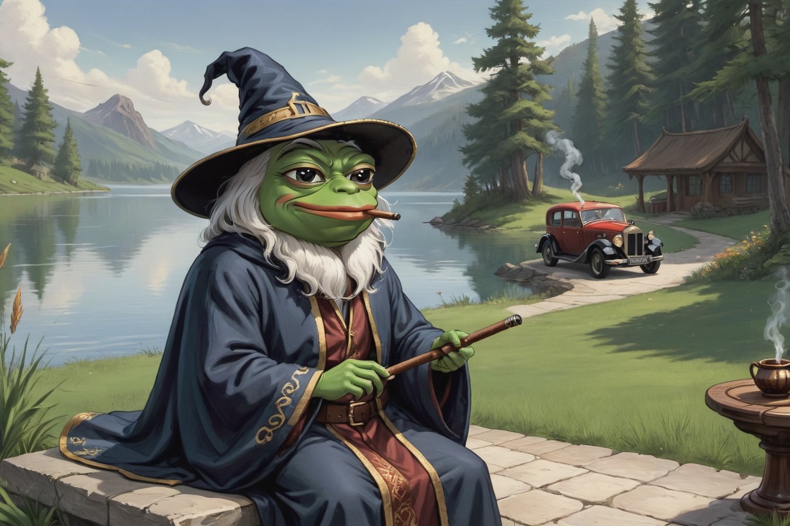 Pepe(frog, old, wearing wizard robe, long beard, white beard, wizard hat, smoking pipe), sitting and resting on lakeside, background(outdoor, day, classic car),(masterpiece, highres, high quality:1.2), ambient occlusion, low saturation, High detailed, Detailedface, (shot from distance),
