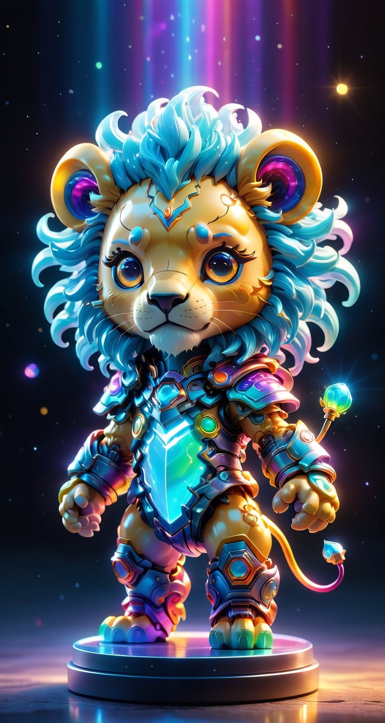 Blind box style, tchibi,A huge cute colourful The lion with a  standing in front of it, digital art, fantasy style, fabulous, cool, dreamy rainbow core, animated energy, rich detail, light leaks, psychedelic illustration, god rays, rainbow core, small and cute, (eye color switch), (bright and clear eyes), anime style, depth of field, lighting cinematic lighting, divine rays, ray tracing, reflected light, glow light, side view, close up, masterpiece, best quality, high resolution, super detailed, high resolution surgery precise resolution, UHD, skin texture,full_body,chibi,best quality, 32k uhd, Epic CG masterpiece, hdr, dtm, full ha, 8K, extremely detailed graphics, stunning colors, 3D rendering, surreal, cinematic lighting effects, 00, surreal, Ultra wide angle, highest quality, extremely delicate, stunning lights and shadows,HD