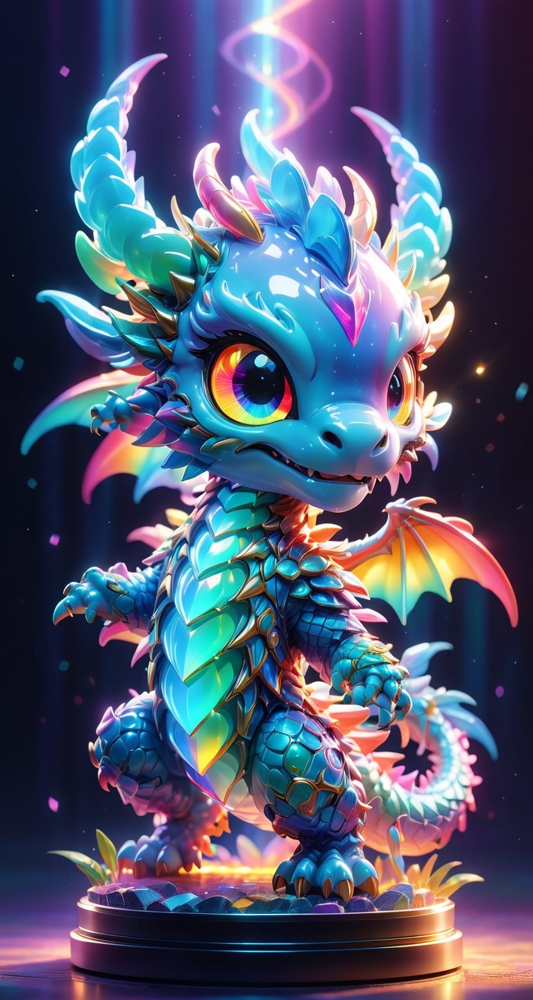 Blind box style, tchibi,A huge cute colourful dragon  with a  standing in front of it, digital art, fantasy style, fabulous, cool, dreamy rainbow core, animated energy, rich detail, light leaks, psychedelic illustration, god rays, rainbow core, small and cute, (eye color switch), (bright and clear eyes), anime style, depth of field, lighting cinematic lighting, divine rays, ray tracing, reflected light, glow light, side view, close up, masterpiece, best quality, high resolution, super detailed, high resolution surgery precise resolution, UHD, skin texture,full_body,chibi,best quality, 32k uhd, Epic CG masterpiece, hdr, dtm, full ha, 8K, extremely detailed graphics, stunning colors, 3D rendering, surreal, cinematic lighting effects, 00, surreal, Ultra wide angle, highest quality, extremely delicate, stunning lights and shadows,HD