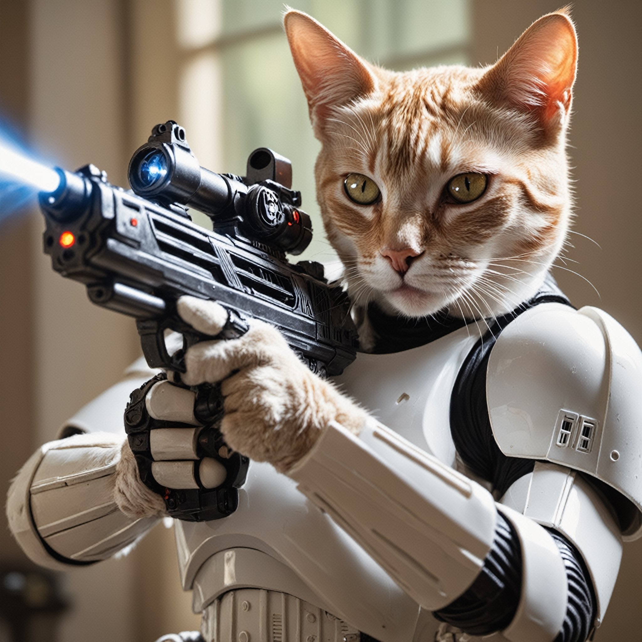 Detailed  closeup a cat star wars holding a laser gun, stormtrooper, natural light ,anthro