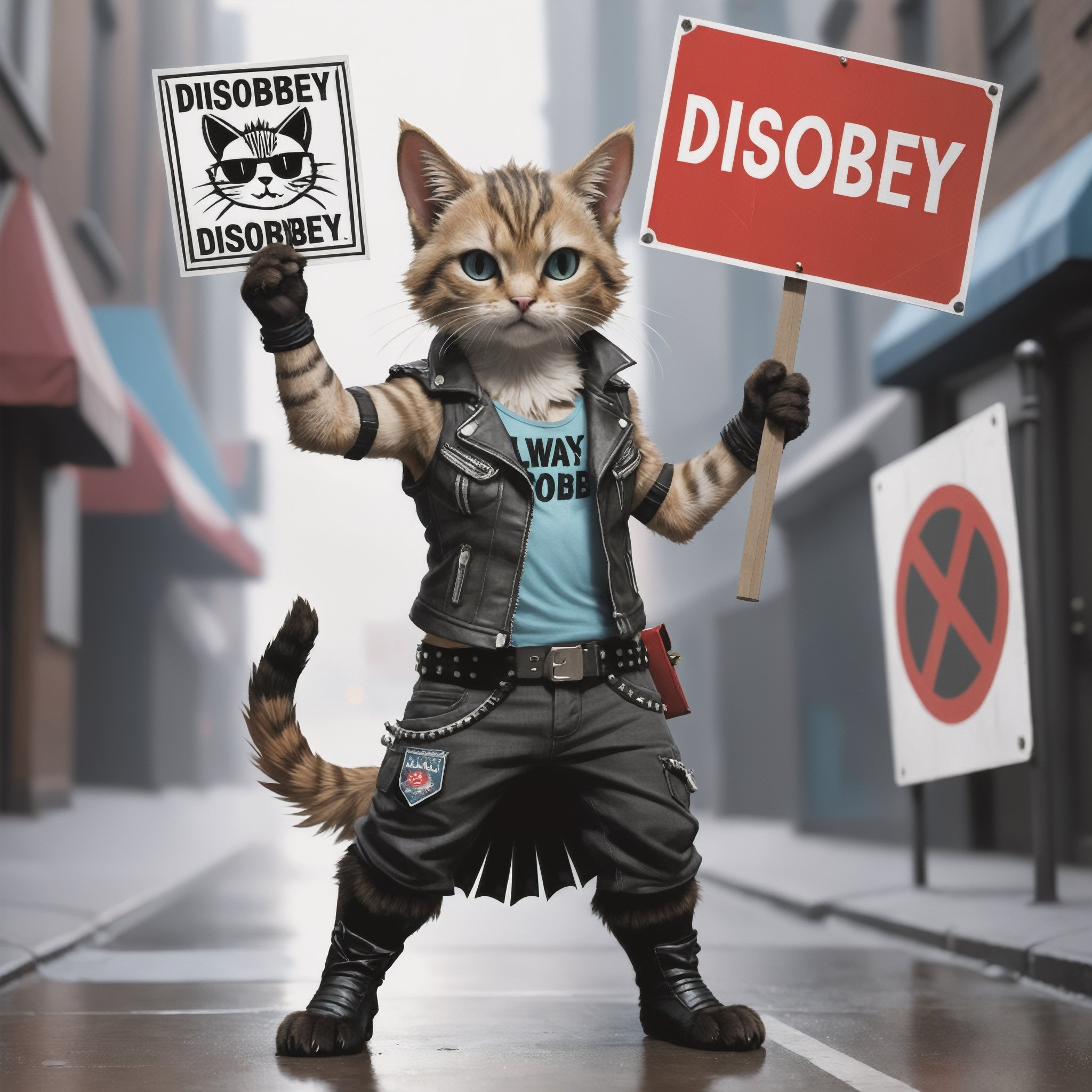 A punk cat holding up a sign "always disobey"