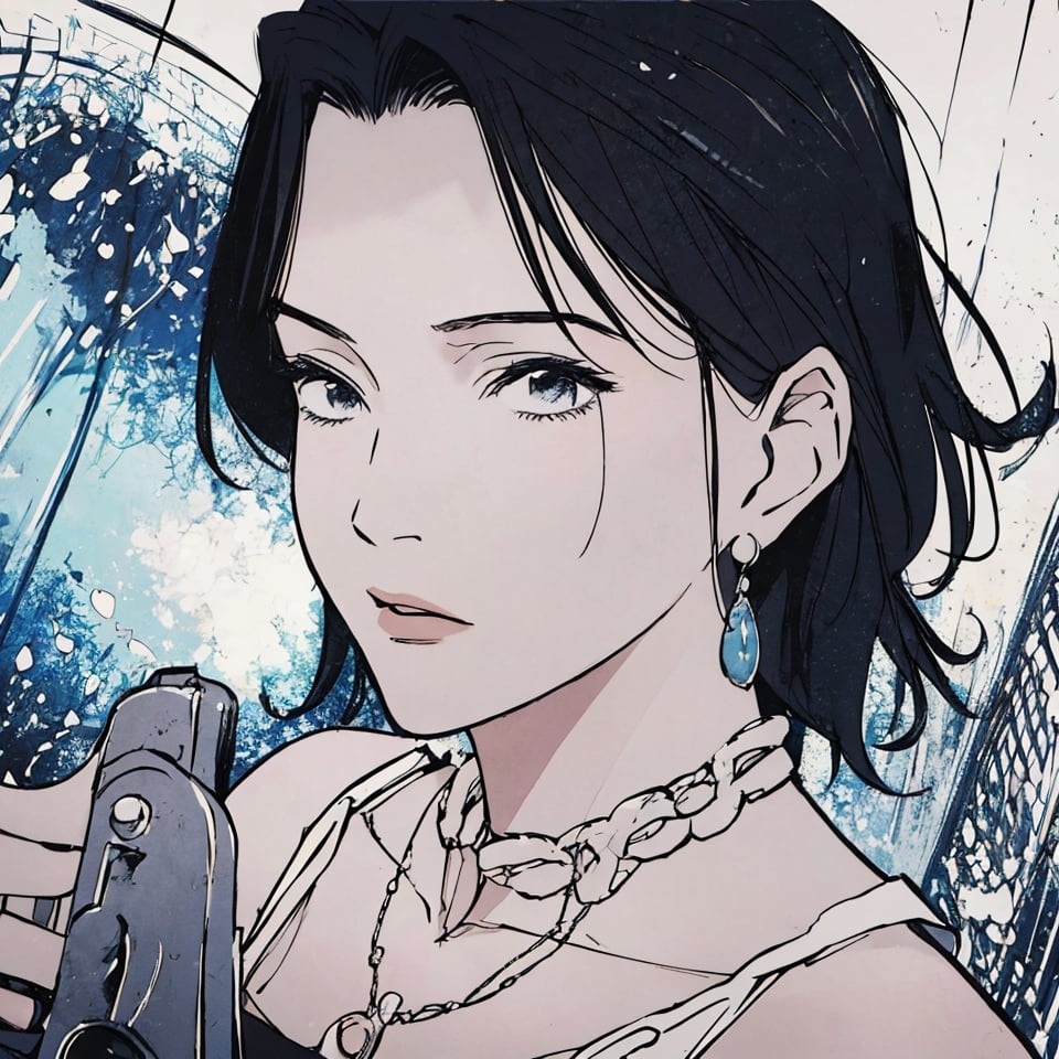  masterpiece, best quality, portrait, ultra detailed, 1 woman, highly detailed, perfect face, upper body, beautiful girl with a cute choker around her neck and a snake necklace, holding a gun, dark hair, curtain bangs, masterpiece. urasawa style,urasawastyle. Manga style