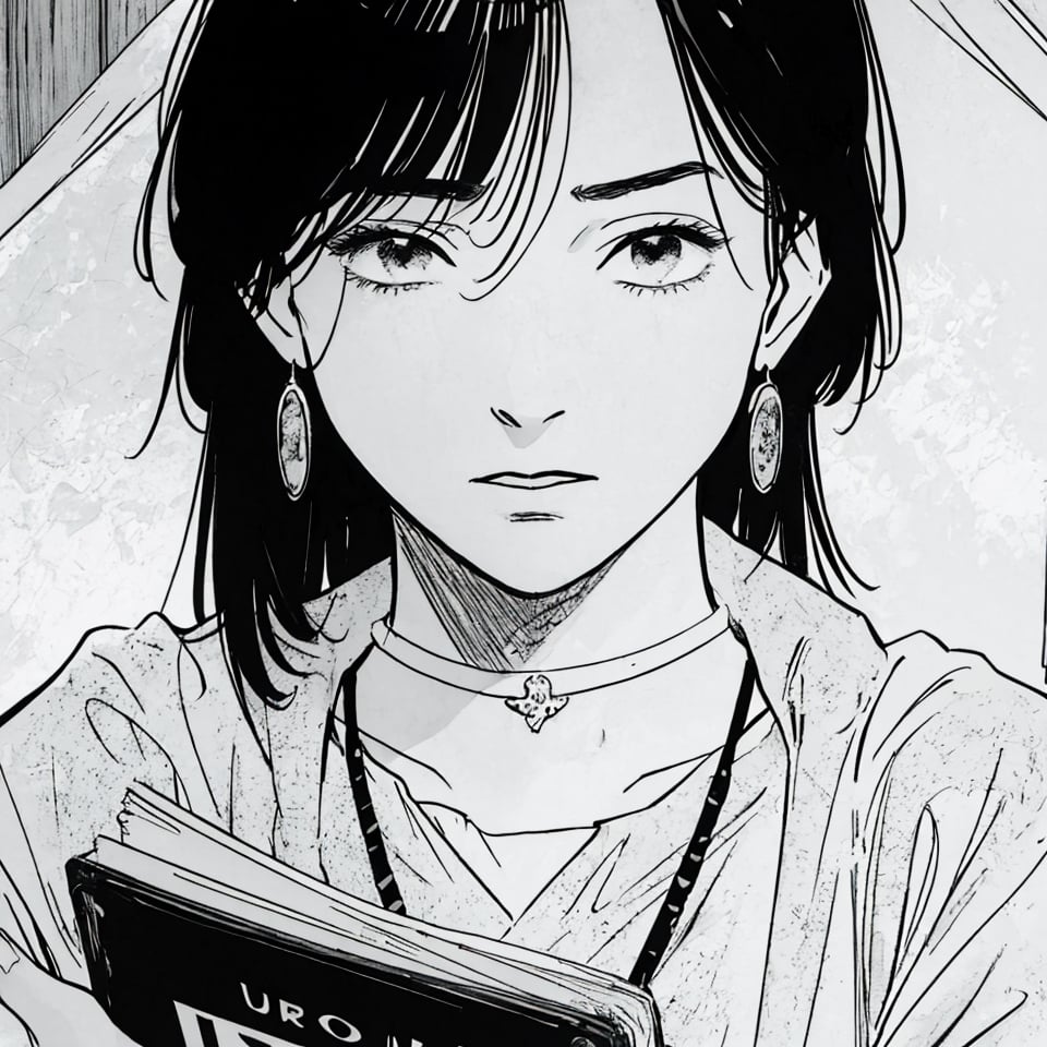  masterpiece, best quality, portrait, ultra detailed, 1 woman, highly detailed, perfect face, upper body, beautiful girl with a cute choker around her neck and a snake necklace, dark hair, curtain bangs, masterpiece, drinking tea and reading a book. urasawa style,urasawastyle