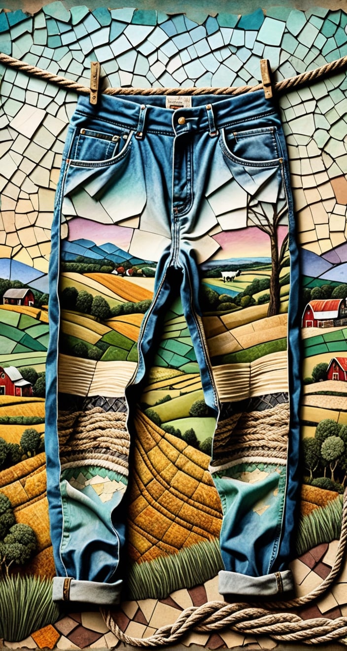 Stretched worn pants on the rope , farm landscape   art on a cracked paper Craola, Runiac, Kehoe,   grunge, beautiful, soft pastel colors,  patchwork, mosaic, storybook illustration, highly detailed unusual beautiful details, intricated, intricated pose, tiny details masterpiece, high quality, intricated lighting, luminism