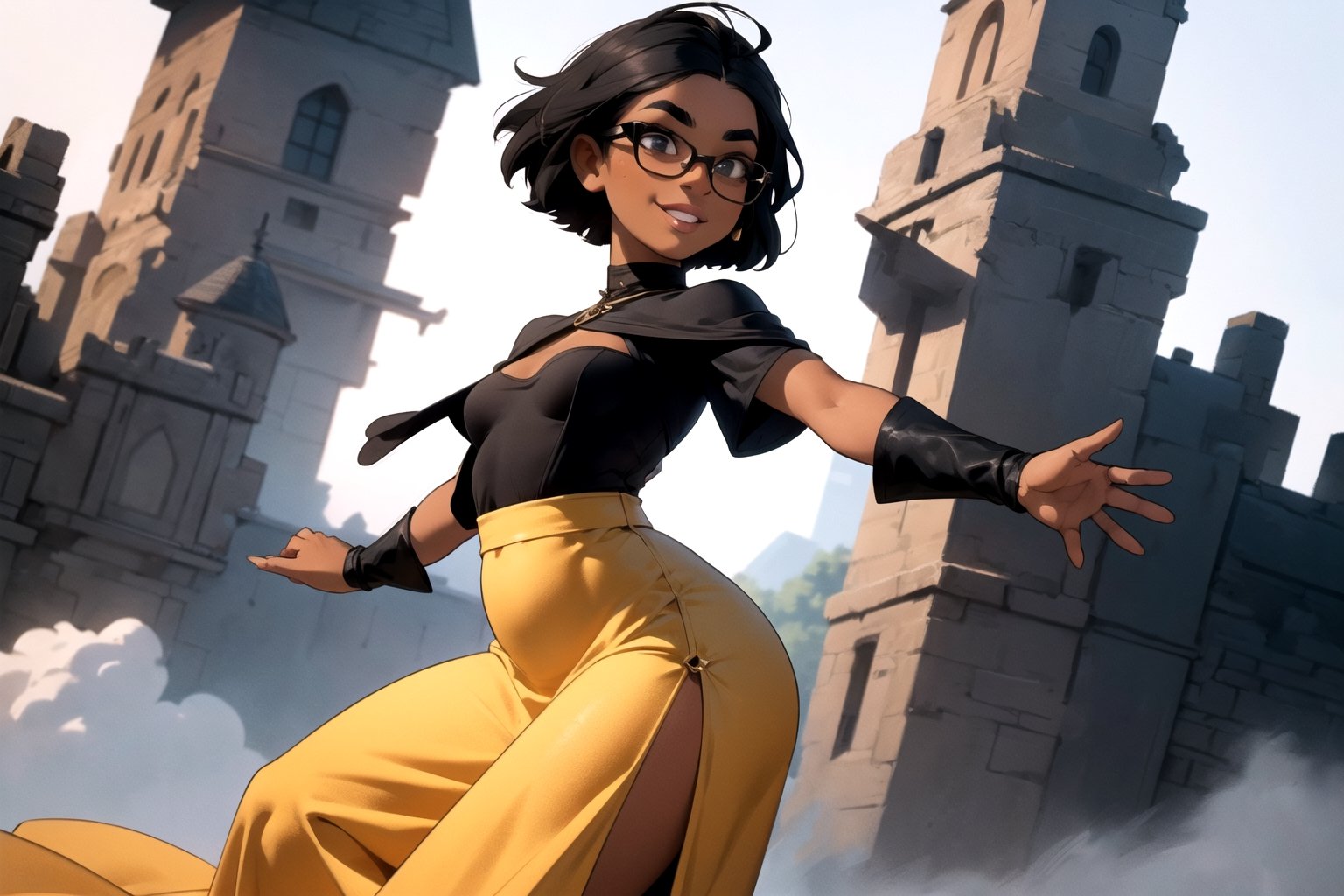 masterpiece,  best quality,  (mature female,  curvy figure,  wide hips,  thicc,  small breasts),  ((shortstack)),  (short hair,  tomboy),  black hair,  thick eyebrows,  ((tan skin, dark skin)),  happy, medieval tunic and long skirt, ((dynamic angle, dynamic pose)), wearing thick glasses, shortstack,