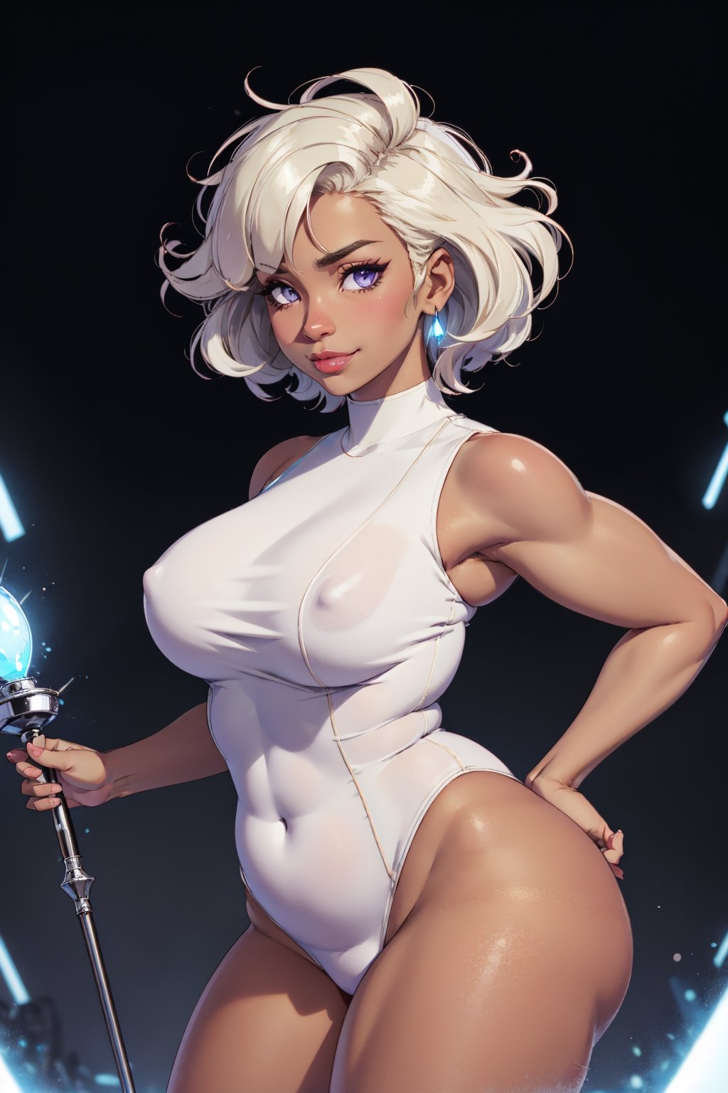 a beautiful woman standing, wearing white, glowing magic field, looking at the viewer, ((very curvy figure, voluptuous, thick arms)), ((colored skin, tan skin, dark skin)), vivid colors, platinum blonde, messy hair, short hair, big and beautiful eyelashes, light_purple_eyes, ultra detailed, best resolution, Detailedface, ((dynamic angle)), mature, smirk,