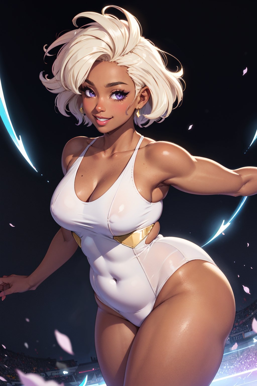 a beautiful woman standing, wearing white, glowing  gold magic field, looking at the viewer, ((curvy figure, voluptuous, thick arms)), ((colored skin, tan skin, dark skin)), vivid colors, platinum blonde, messy hair, short hair, big and beautiful eyelashes, light_purple_eyes, ultra detailed, best resolution,((dynamic angle)), mature, smirk, (excited),