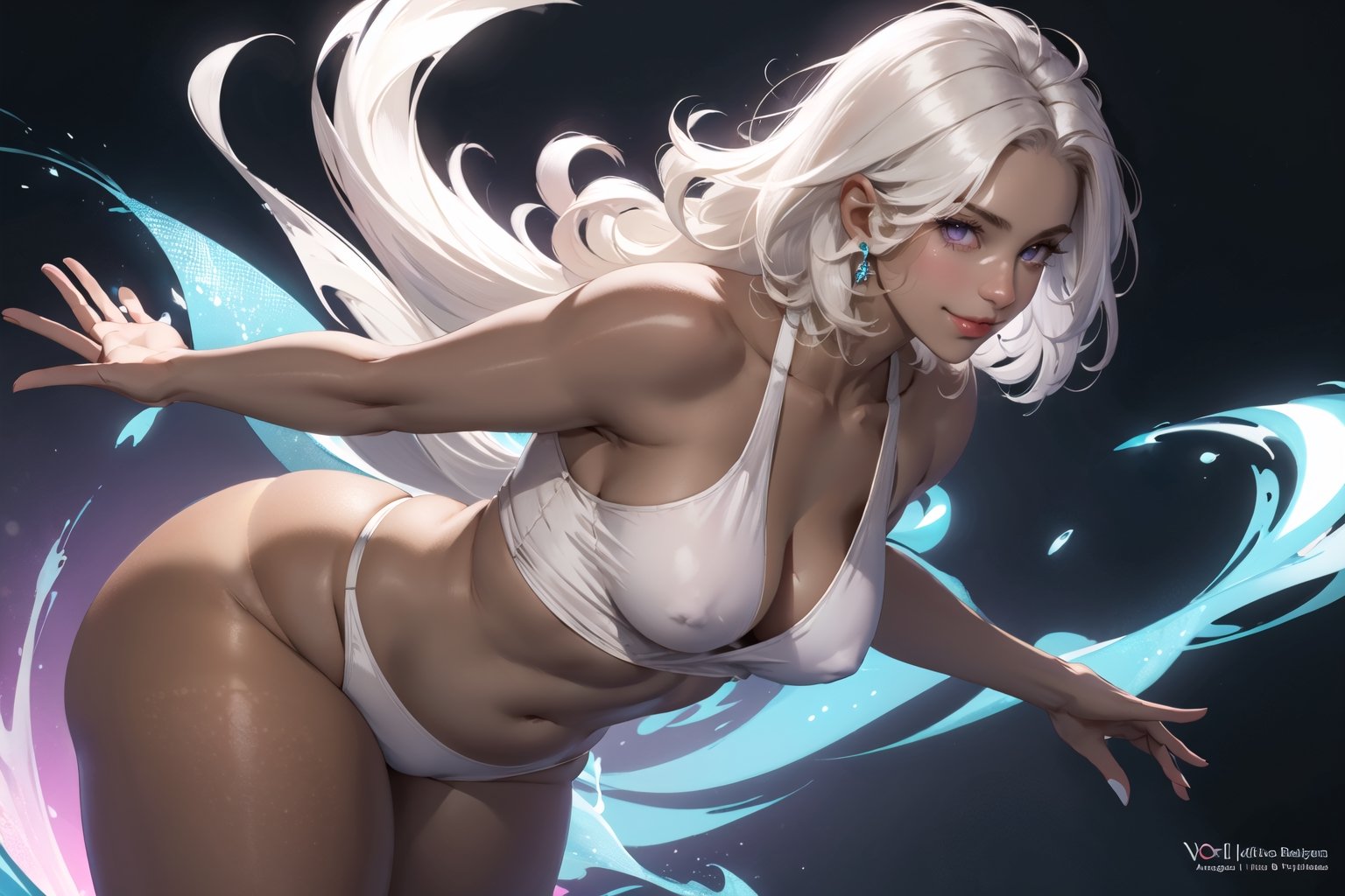 a beautiful woman standing, wearing white, glowing magic field, looking at the viewer, ((very curvy figure, voluptuous, thick arms)), ((colored skin, tan skin, dark skin)), vivid colors, platinum blonde, messy hair, short hair, big and beautiful eyelashes, light_purple_eyes, ultra detailed, best resolution, Detailedface, ((dynamic angle)), mature, smirk,