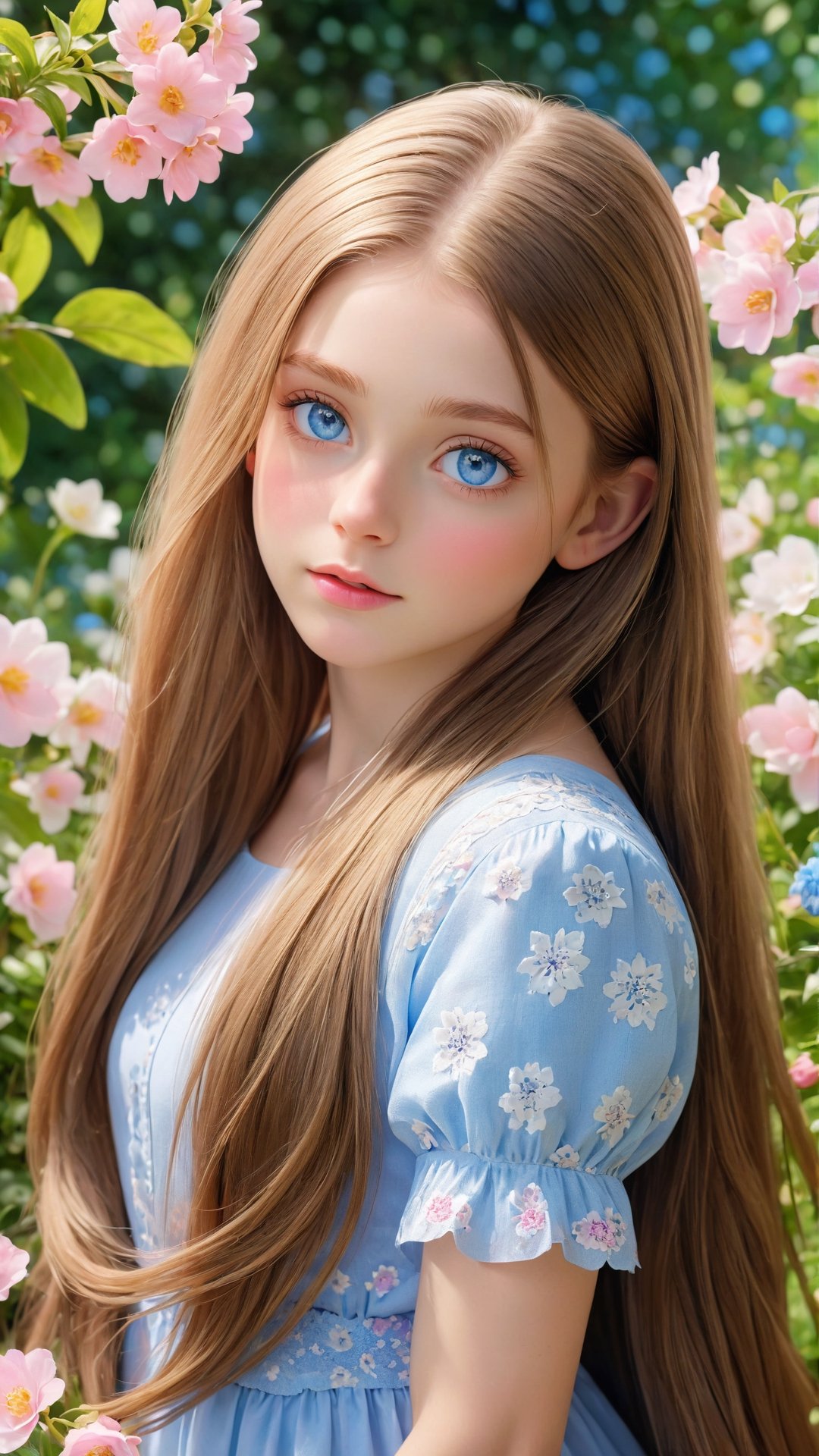 masterpiece, best quality, ultra-detailed, ultra high res, (photorealistic:1.4), raw photo, (realistic:0.2), 8k HDR, realistic lighting, 1girl, solo, looking at viewer, asymmetrical long hair, (detailed oily skin), blue eyes, (detailed face), (garden background :1.1), (upper body:1.2) pink and white flowers bloom bokeh background