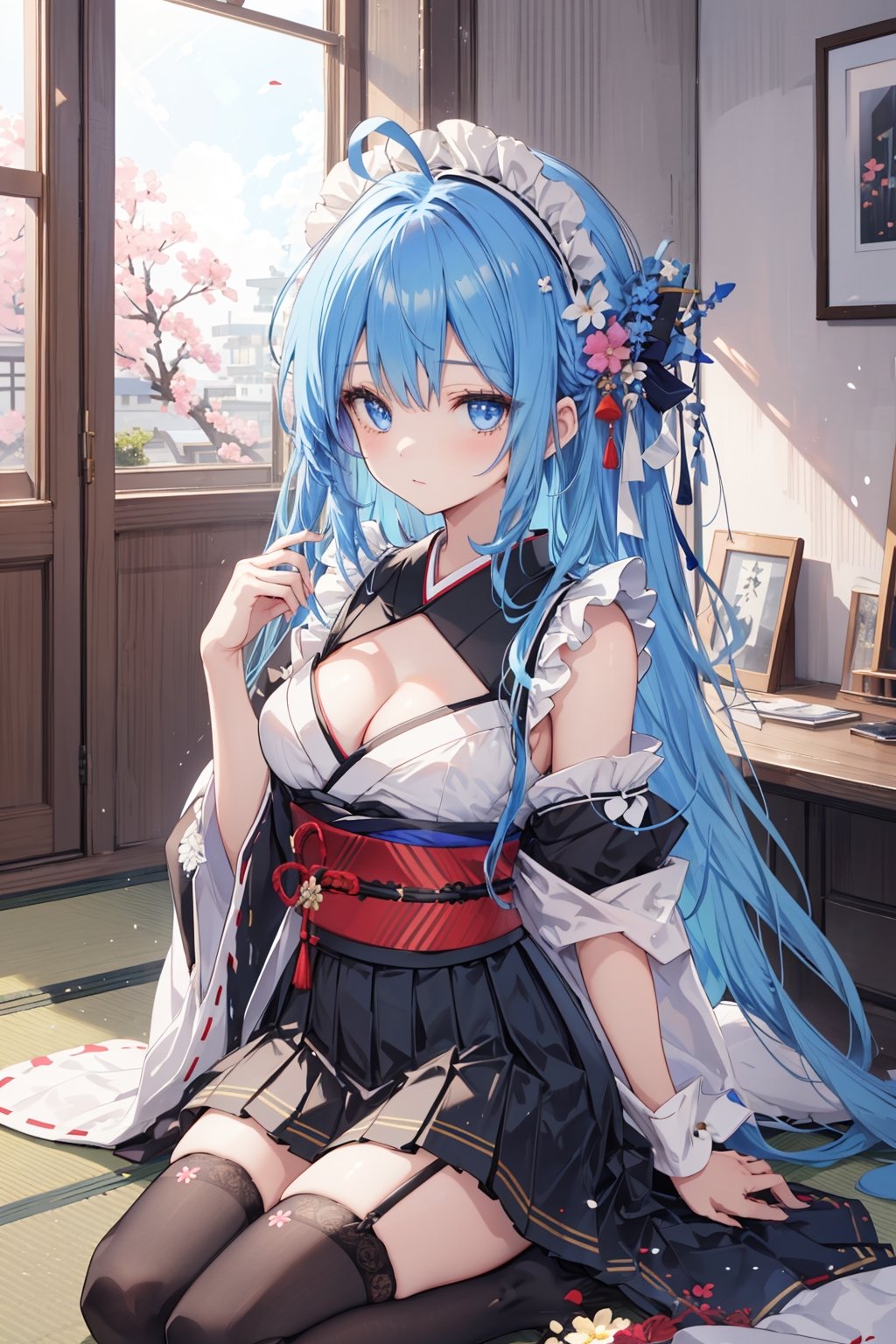 1girl, solo, long hair, breasts, looking at viewer, blue eyes, skirt, thighhighs, holding, cleavage, bare shoulders, medium breasts, blue hair, flower, ahoge, pleated skirt, japanese clothes, black thighhighs, indoors, wide sleeves, black skirt, kimono, official alternate costume, maid headdress, kneeling, 