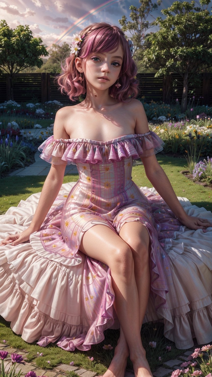 portrait of very young girl with vibrant magenta hair and mesmerizing eyes, wearing a flowing dress made of petals, in a serene garden filled with blooming flowers, a representation of beauty and grace, charming, cute, beautiful, ultra detailed, dream like shot, 8k, sunset,((holographic))), (((rainbowish))), (nude),AIDA_LoRA_sonm