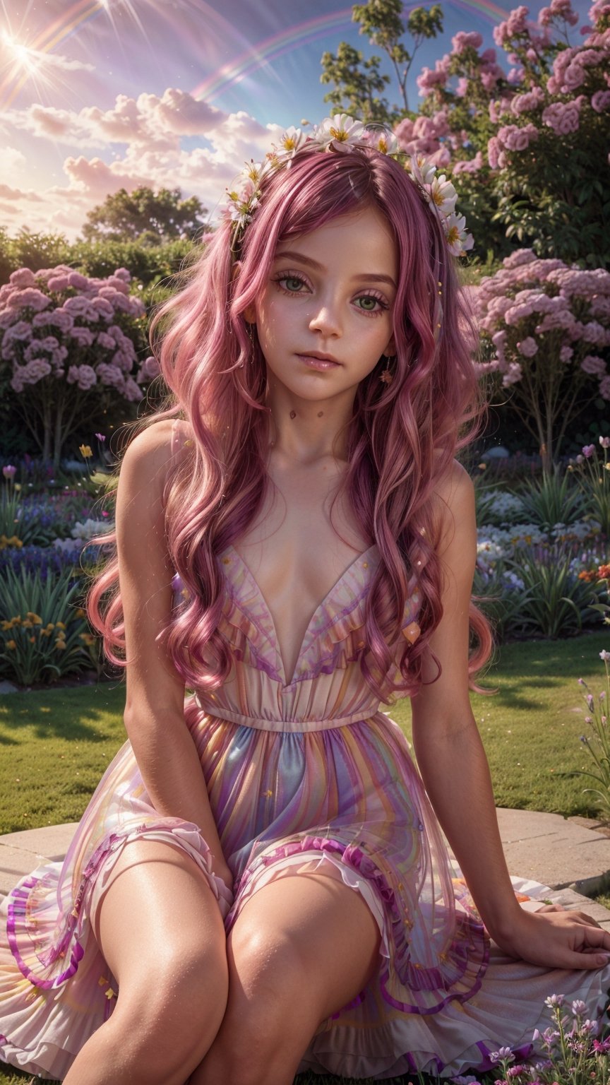 portrait of very young girl with vibrant magenta hair and mesmerizing eyes, wearing a flowing dress made of petals, in a serene garden filled with blooming flowers, a representation of beauty and grace, charming, cute, beautiful, ultra detailed, dream like shot, 8k, sunset,((holographic))), (((rainbowish))), ((nude)),AIDA_LoRA_sonm