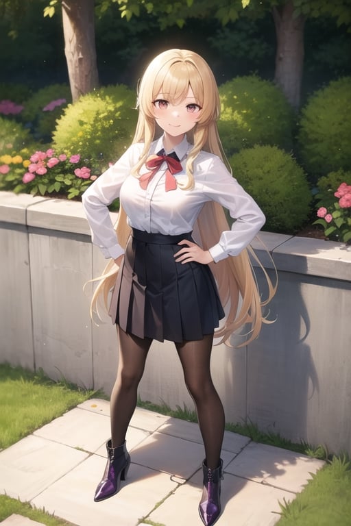 1girl, solo, long hair, breasts, looking at viewer, laughing, bangs, skirt, blonde hair, shirt, red eyes, long sleeves, ribbon, jewelry, very long hair, closed mouth, standing, full body, white shirt, pantyhose, boots, hand on hip, parted bangs, border, black background, brooch, white pantyhose, brown skirt, purple footwear, drinking afternoon tea in a garden, afternoon
