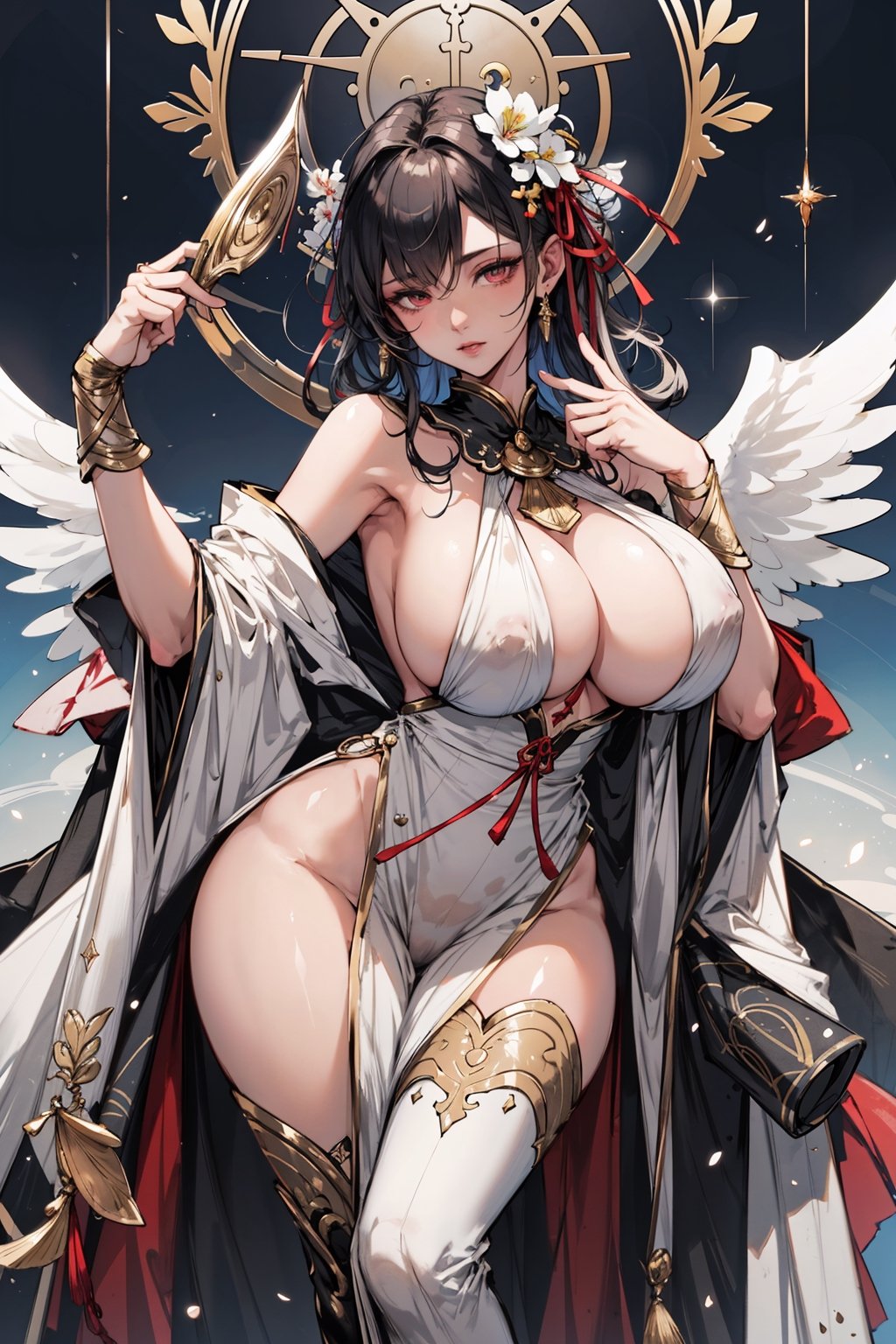 8k, (absurdres, highres, ultra detailed), (1lady), Big boobs:1.2, curvy, sexy, angel_wings, goddess. nude, boobs exposed, white dress, bells in hand