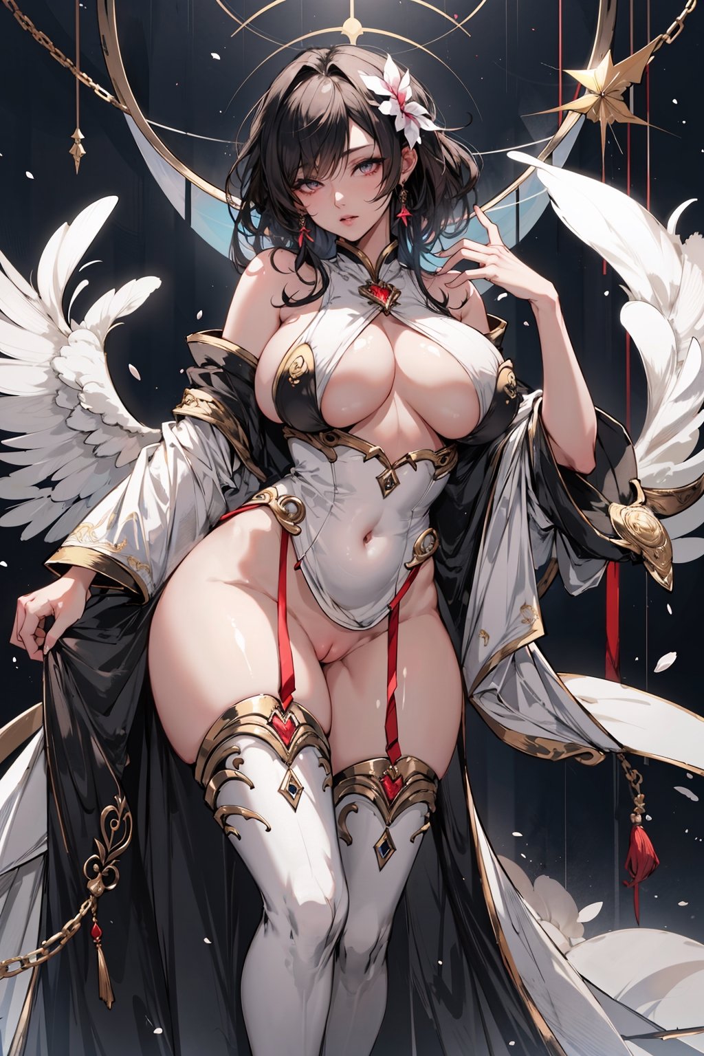 8k, (absurdres, highres, ultra detailed), (1lady), Big boobs:1.2, curvy, sexy, angel_wings, goddess. nude, boobs exposed, white dress, exposed boobs and nipples, showing pussy, pervert