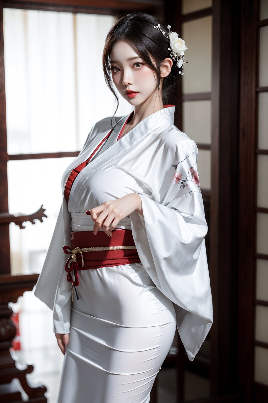 A hot white cosplayer in a room wearing white tight kimono flower pattern and stocking ,cuta asian face ,red lips ,hourglass body ,photoshoot ,realistic,perfect,Enhance