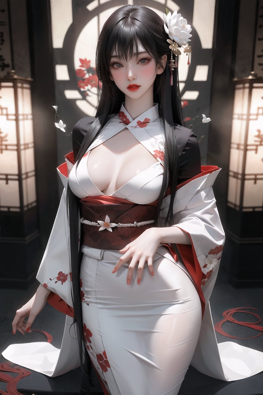 A hot white cosplayer in a room wearing white tight kimono flower pattern and stocking ,cuta asian face ,red lips ,hourglass body ,photoshoot ,realistic,perfect,Enhance
