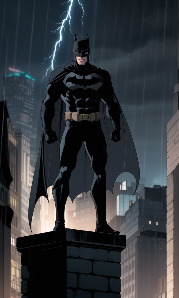 1 male,batman, white eyes,no eyelids,black batman mask,black metallic bodysuit,batman logo,black bat cape, muscular,abs,standing on top of a building, rainy dark night,bolt of lightning in the background