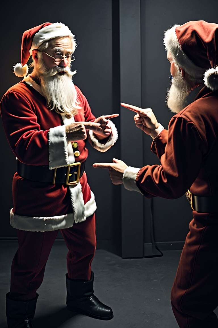 three santa claus pointing eachother