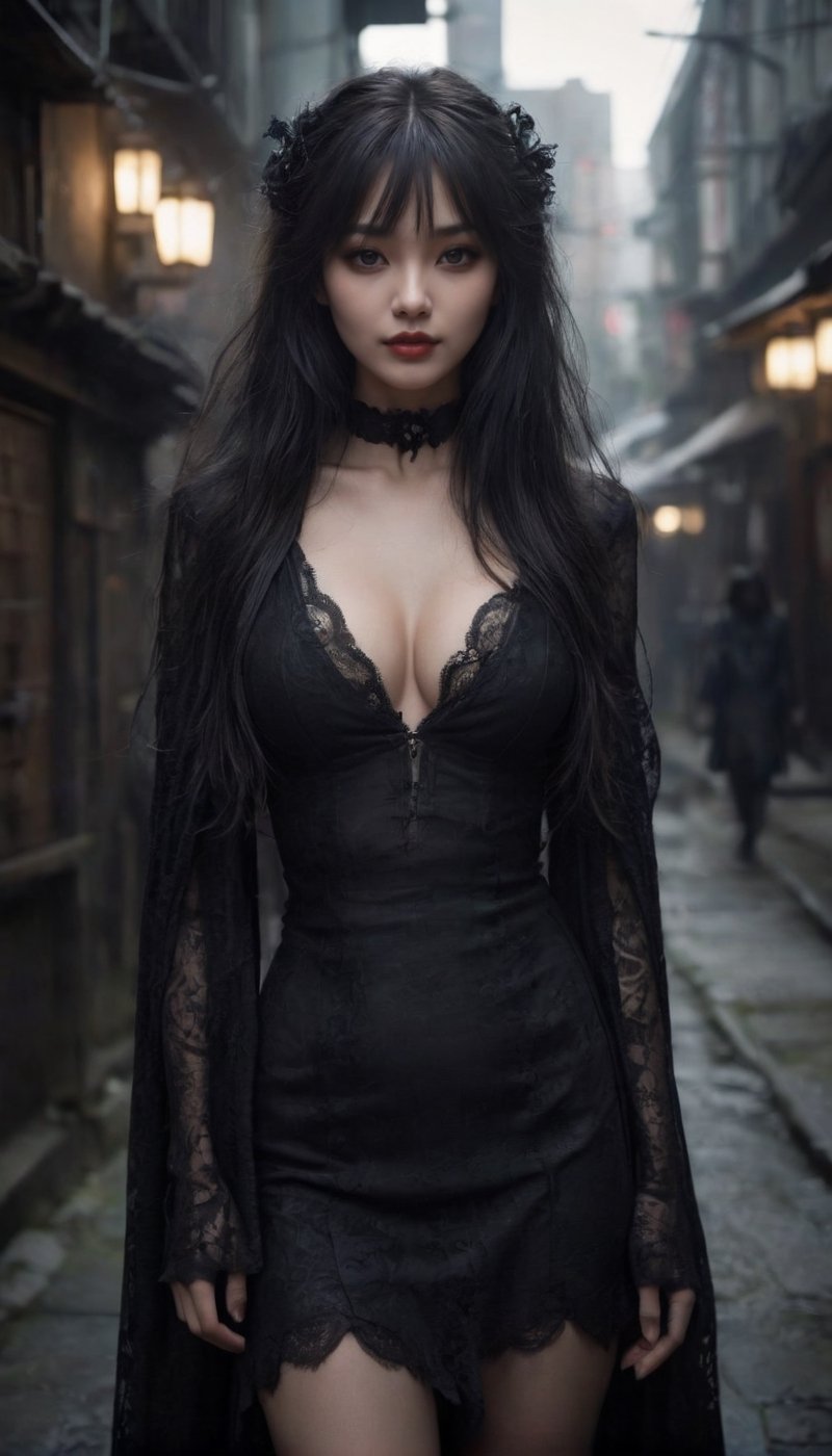 Stunning and beautiful Japanese super model epitomizing the pure gothic aesthetic, long dark hair falls in waves, face adorned with intense, rebellious eyes. Black lipstick and a sly smile add to her allure. Cloaked in gothic fashion that exudes rebellion, big breast, cleaver,
she stands in a dimly lit alley of midnight, embodying the enigma of pure gothic beauty and rebellion.
photo-realistic, masterpiece, soothing tones, 8k resolution, concept art of detailed character design, cinema concept, cinematic lighting, cinematic look, calming tones, incredible details, intricate details, hyper detail, Fuji Superia 400, stylish, elegant, breathtaking, mysterious, fascinating, untamed, curiously complete face, elegant, gorgeous, by Greg Rutkowski Repin artstation style, by Wadim Kashin style, by Konstantin Razumov style, Tim Burton style, Ayase Haruka's face,
,aesthetic portrait, cinematic moviemaker style, in the style of esao andrews,esao andrews style,esao andrews art
