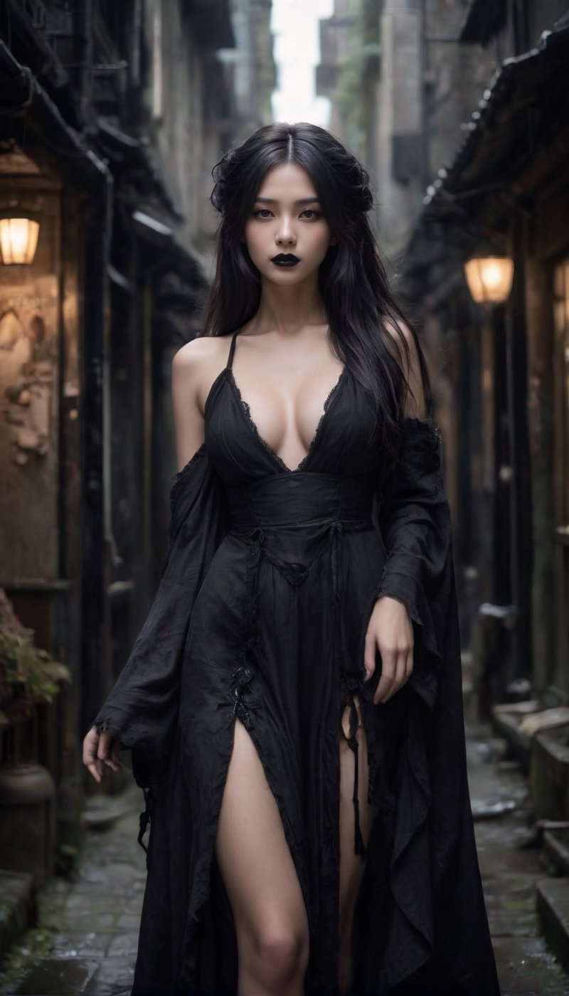 Stunning and beautiful Japanese super model epitomizing the pure gothic aesthetic, long dark hair falls in waves, face adorned with intense, rebellious eyes. Black lipstick and a sly smile add to her allure. Cloaked in gothic fashion that exudes rebellion, big breast, cleaver, back side view
she stands in a dimly lit alley of midnight, embodying the enigma of pure gothic beauty and rebellion.
photo-realistic, masterpiece, soothing tones, 8k resolution, concept art of detailed character design, cinema concept, cinematic lighting, cinematic look, calming tones, incredible details, intricate details, hyper detail, Fuji Superia 400, stylish, elegant, breathtaking, mysterious, fascinating, untamed, curiously complete face, elegant, gorgeous, by Greg Rutkowski Repin artstation style, by Wadim Kashin style, by Konstantin Razumov style, Tim Burton style, Ayase Haruka's face,
,aesthetic portrait, cinematic moviemaker style, in the style of esao andrews,esao andrews style,esao andrews art