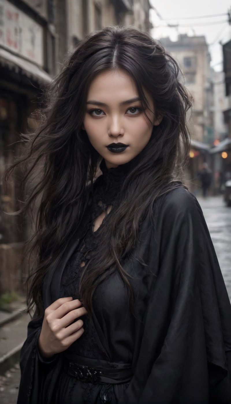 Stunning and beautiful Japanese super model epitomizing the pure gothic aesthetic, long dark hair falls in waves, face adorned with intense, rebellious eyes. Black lipstick and a sly smile add to her allure. Cloaked in gothic fashion that exudes rebellion, she stands in a dimly lit alley, embodying the enigma of pure gothic beauty and rebellion.
photo-realistic, masterpiece, soothing tones, 8k resolution, concept art of detailed character design, cinema concept, cinematic lighting, cinematic look, calming tones, incredible details, intricate details, hyper detail, Fuji Superia 400, stylish, elegant, breathtaking, mysterious, fascinating, untamed, curiously complete face, elegant, gorgeous, by Greg Rutkowski Repin artstation style, by Wadim Kashin style, by Konstantin Razumov style, Tim Burton style, Ayase Haruka's face,
,aesthetic portrait, cinematic moviemaker style, in the style of esao andrews,esao andrews style,esao andrews art
