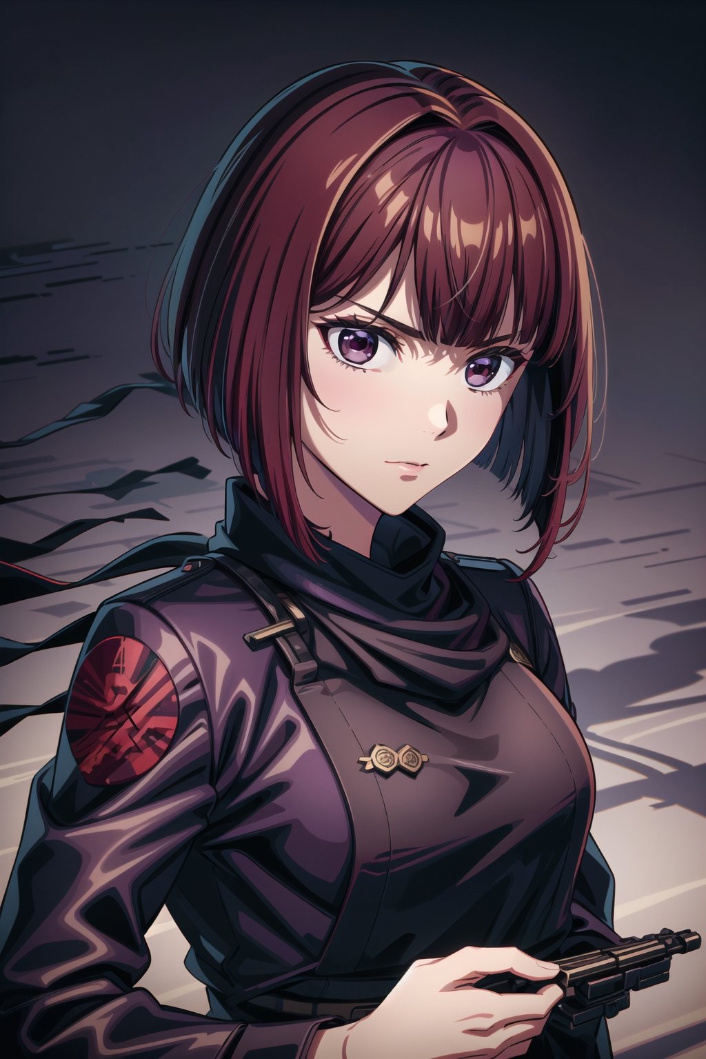 best quality, masterpiece, highres, solo,sole_female, 30 year old military female character, sharp features, calm expression, strict look, detailed, perfect shadows, short hair,brown hair, purple eyes, hair_between_eyes, sidelocks, jewelry, closed_mouth, ring, upper_body,samurai,shinobitech,aakana