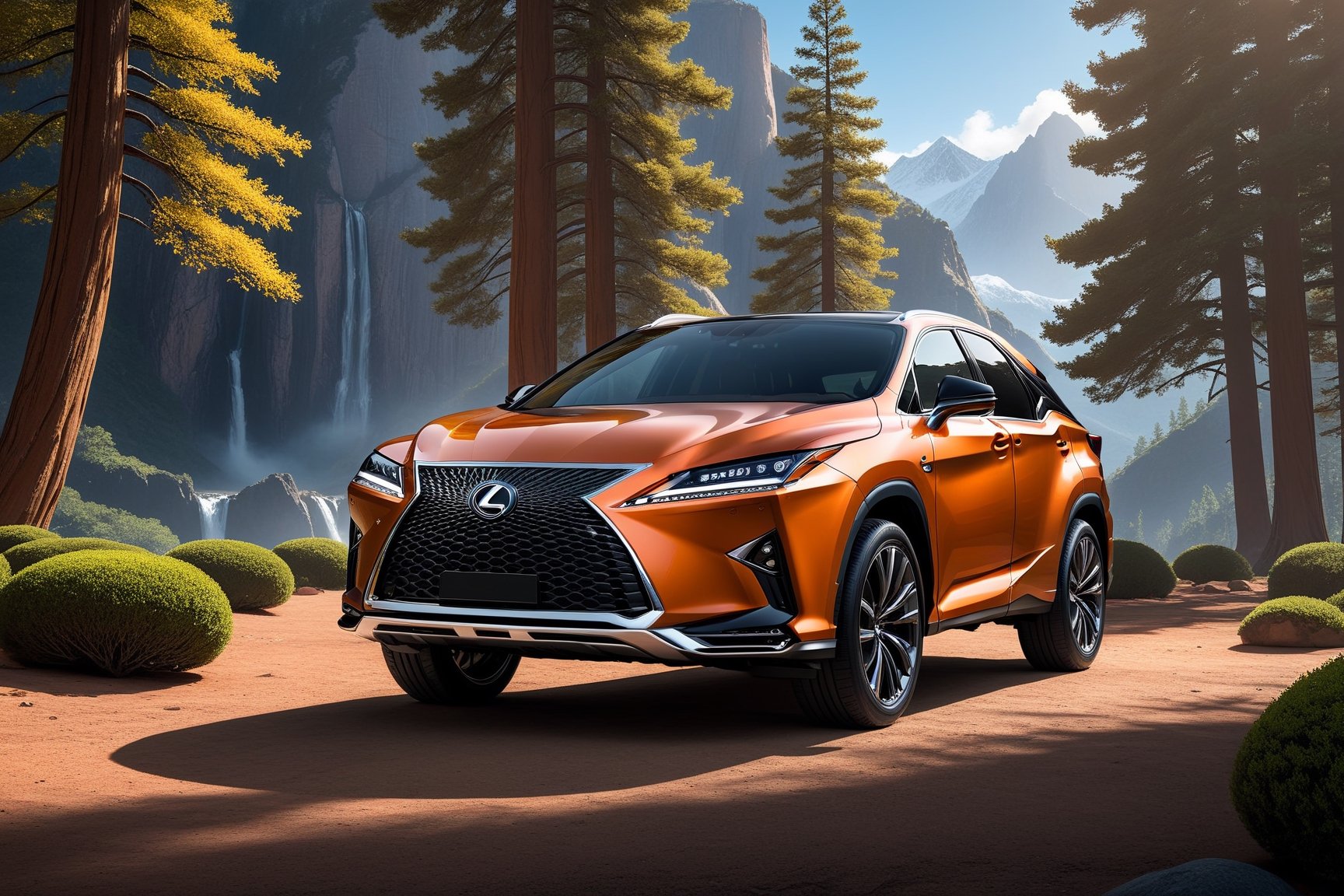 ((Ultra-realistic)) photo of Lexus RX 500h,sonic copper color,shiny spinning wheels,glossy black alloy rims with silver edge,bright turned on head lights
BREAK
(backdrop of yva11ey2,beautiful mountain with rock,tree,forest,vivid colors),wide shot,front view,distant view
BREAK
rule of thirds,studio photo,trending on artstation,perfect composition,(Hyper-detailed,masterpiece,best quality,32K,UHD,sharp focus,high contrast),depth of perspective,H effect,photo_b00ster, real_booster,more detail XL,y0sem1te,yva11ey2