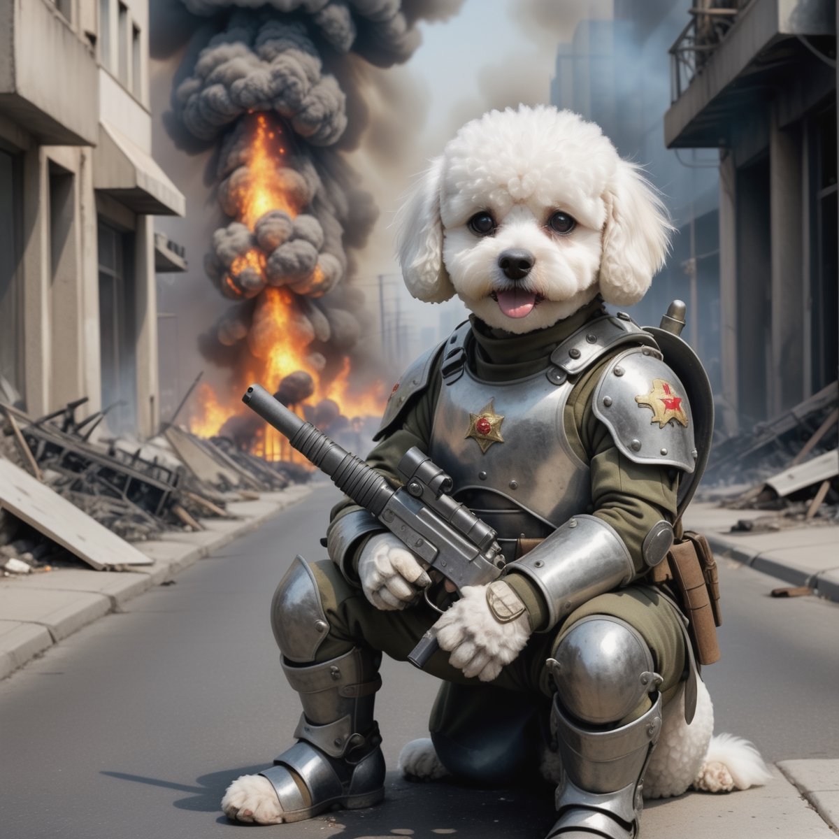 Close-up of a cute human bichon soldier wearing armor and holding a gun sitting on the street after a nuclear explosion destroyed the city, fire, smoke award-winning photo