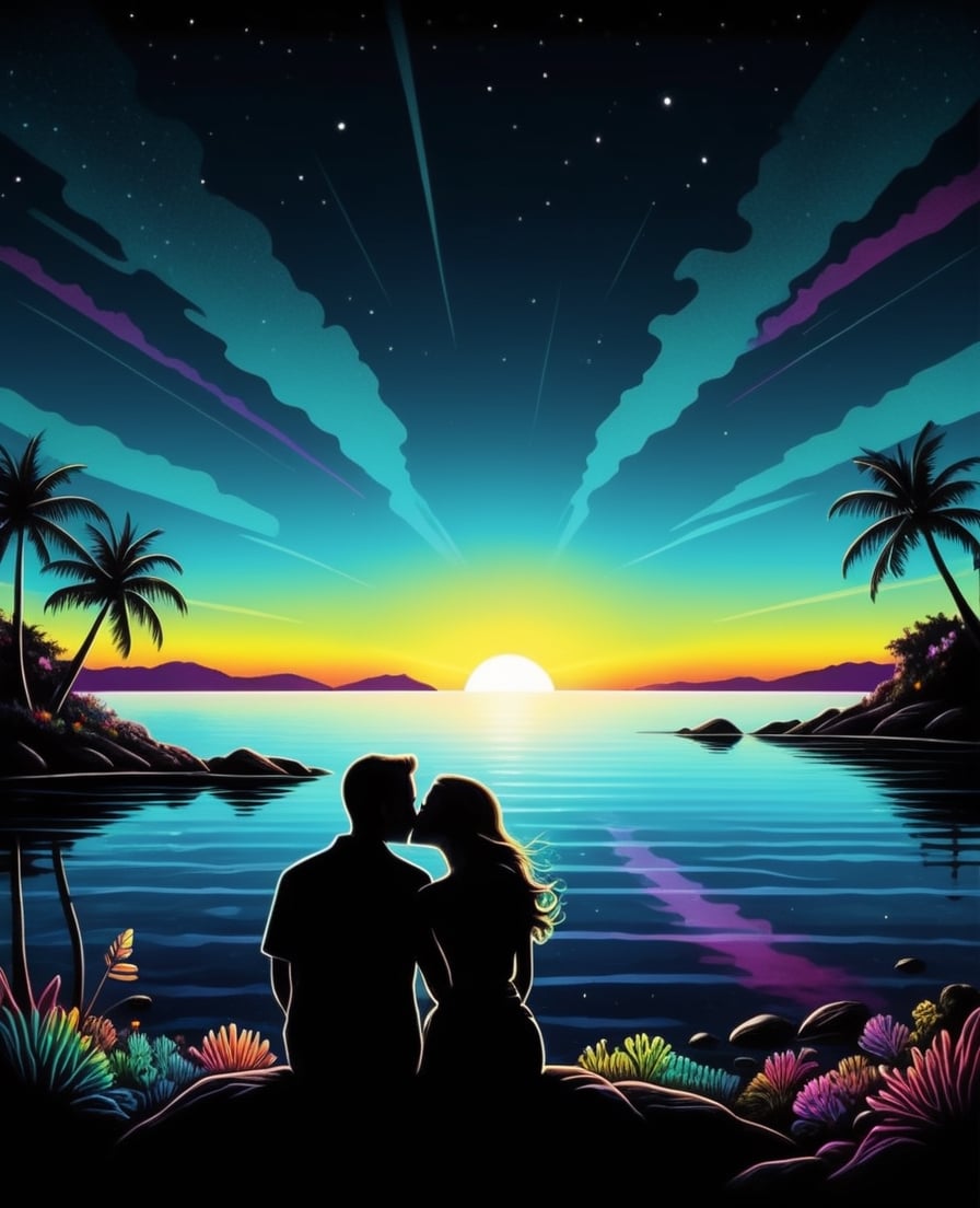 A kissing couple , vintage, centered, bright, detailed, lake, ((beach house in the background)), detailed neon outline, dark background, Space_In_Shell! Psychology 