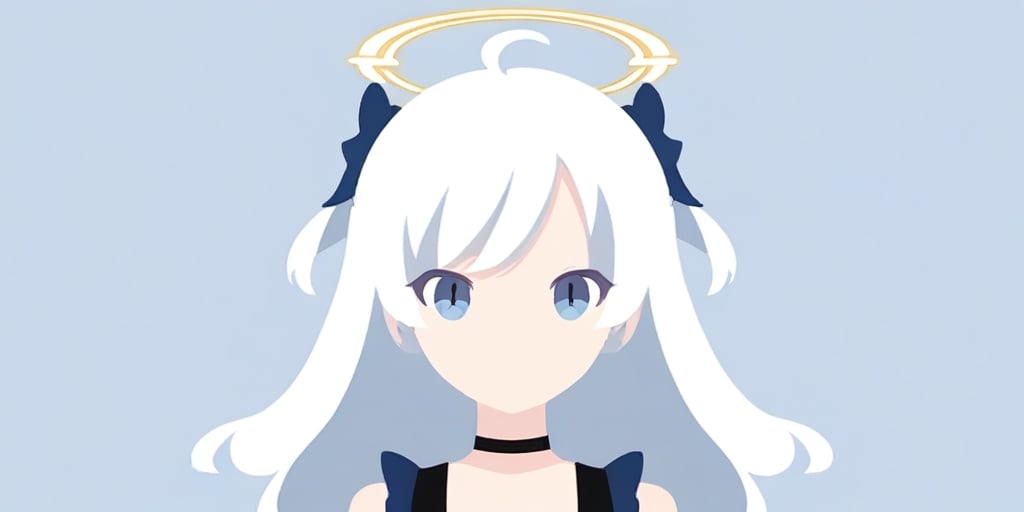 score_9, score_8_up, score_7_up, Minimalstyle, 1girl, angel, white hair, long curly hair, (two side up), blue eyes, two blue bows on head, (Double golden halo on her head), choker, angel wings on back, ahoge ,simple, faceless female, beautiful, extremely detailed, vector, headshot,falling sakura,minimalstyle,score_6_up,aesthetic