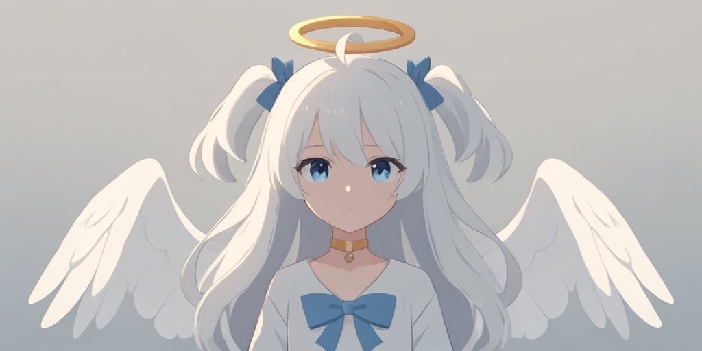 score_9, score_8_up, score_7_up, Minimalstyle, 1girl, angel, white hair, long curly hair, (two side up), blue eyes, two blue bows on head, (Double golden halo on her head), choker, angel wings on back, ahoge ,simple, faceless female, beautiful, extremely detailed, vector, headshot,falling sakura,minimalstyle,score_6_up