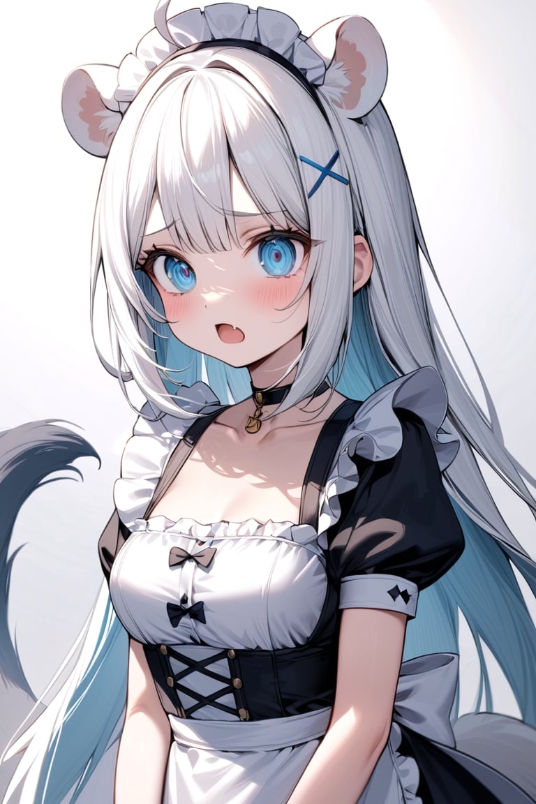  {{{masterpiece}}}, {{{best quality}}}, {{ultra-detailed}}, {beautiful detailed eyes}, 1girl, solo,  ((white hair:1.2)), very long hair, blue eyes, (straight hair), (bangs), animal ears, (stoat ears:1.2), Choker, ahoge, fang, (big stoat Tail:1.2), (blue X hairpin), (cute maid outfit), shocked ,Eyes