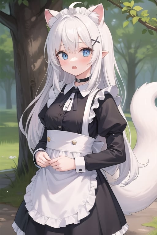  {{{masterpiece}}}, {{{best quality}}}, {{ultra-detailed}}, {beautiful detailed eyes}, 1girl, solo,  ((white hair:1.2)), very long hair, blue eyes, (straight hair), (bangs), animal ears, (stoat ears:1.2), Choker, ahoge, fang, (big stoat Tail:1.2), (blue X hairpin), (cute maid outfit), shocked ,