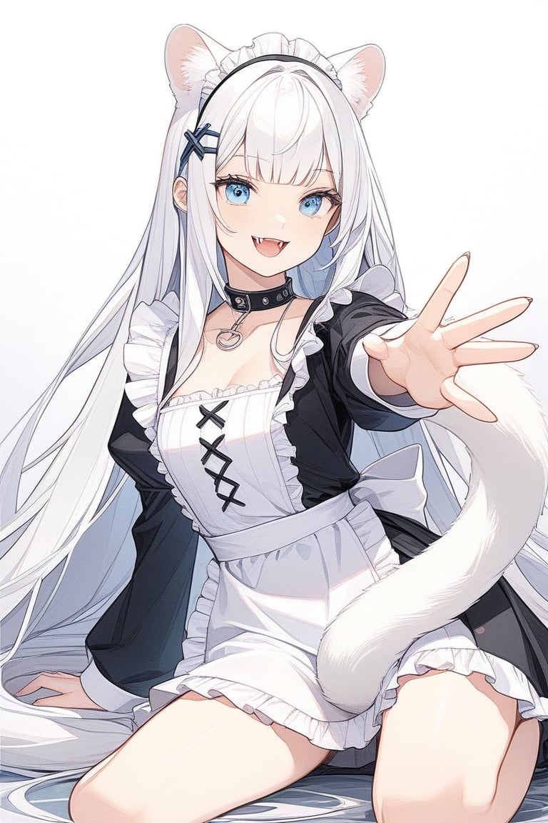  {{{masterpiece}}}, {{{best quality}}}, {{ultra-detailed}}, {beautiful detailed eyes}, 1girl, solo,  ((white hair:1.2)), very long hair, blue eyes, (straight hair), (bangs), animal ears, (stoat ears:1.2), Choker, ahoge, fang, (big stoat Tail:1.2), (blue X hairpin), (cute maid outfit), smiling ,Eyes