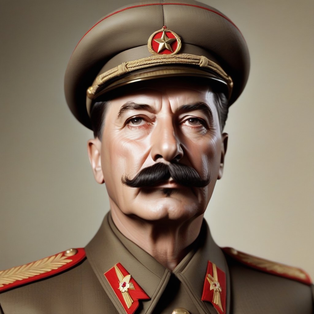 "Imagine Joseph Stalin, the influential Soviet statesman and political leader, in a stern and authoritative pose. He faces the camera with a commanding gaze, exuding power and determination. His distinctive mustache and stern expression are key features of his recognizable appearance. To capture the essence of Joseph Stalin in an ultra-definition photograph, a 50mm lens is recommended, with an ISO of 400-800, an aperture of f/2.8, and an image resolution of at least 7680 x 4320 pixels (8K UHD). These settings will accentuate his features and produce a sharp image that reflects Stalin's strong leadership and influence during his time."